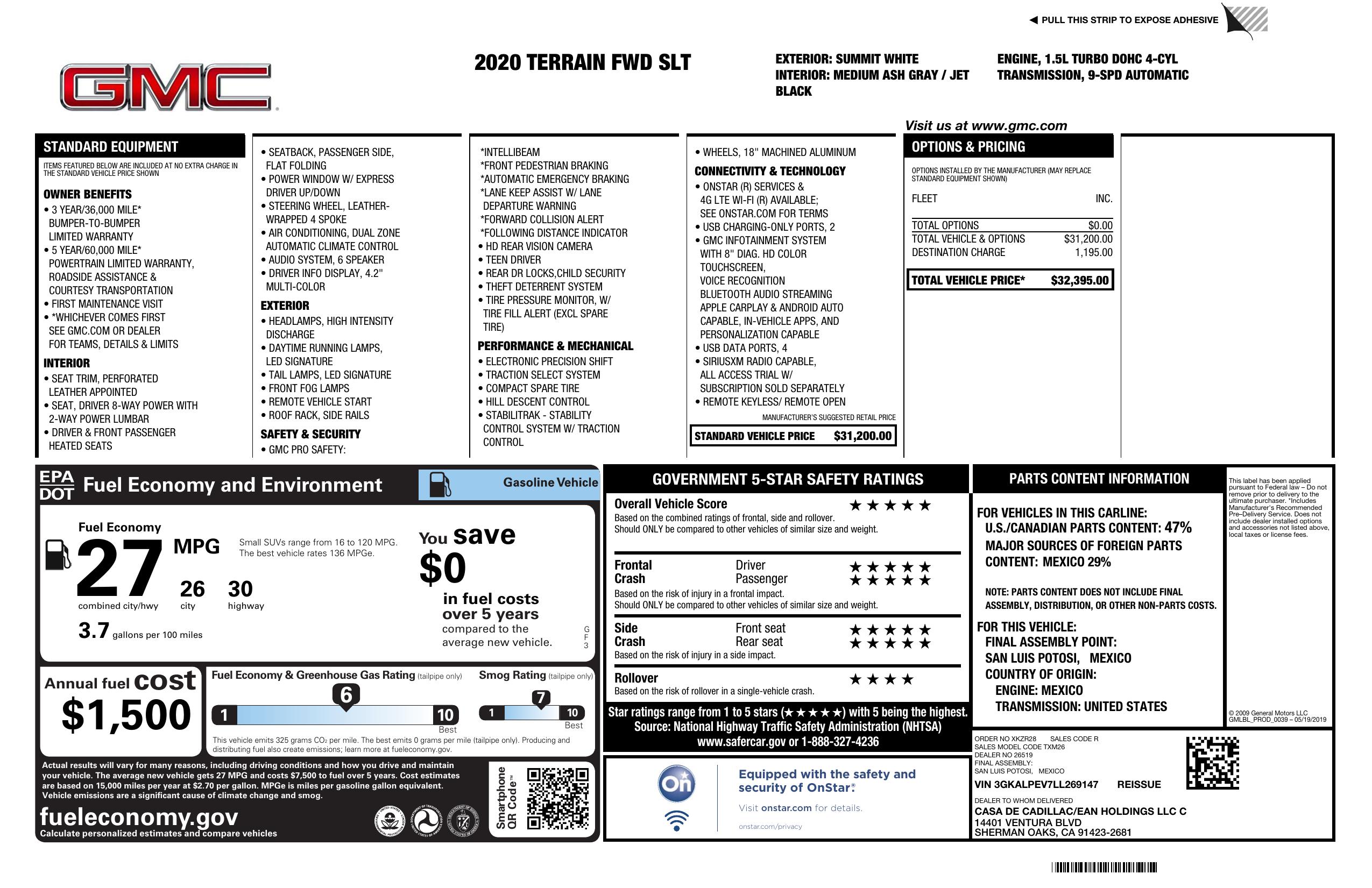 Slt Sticker Window Sticker for 2020 GMC Terrain Fwd 4dr Slt