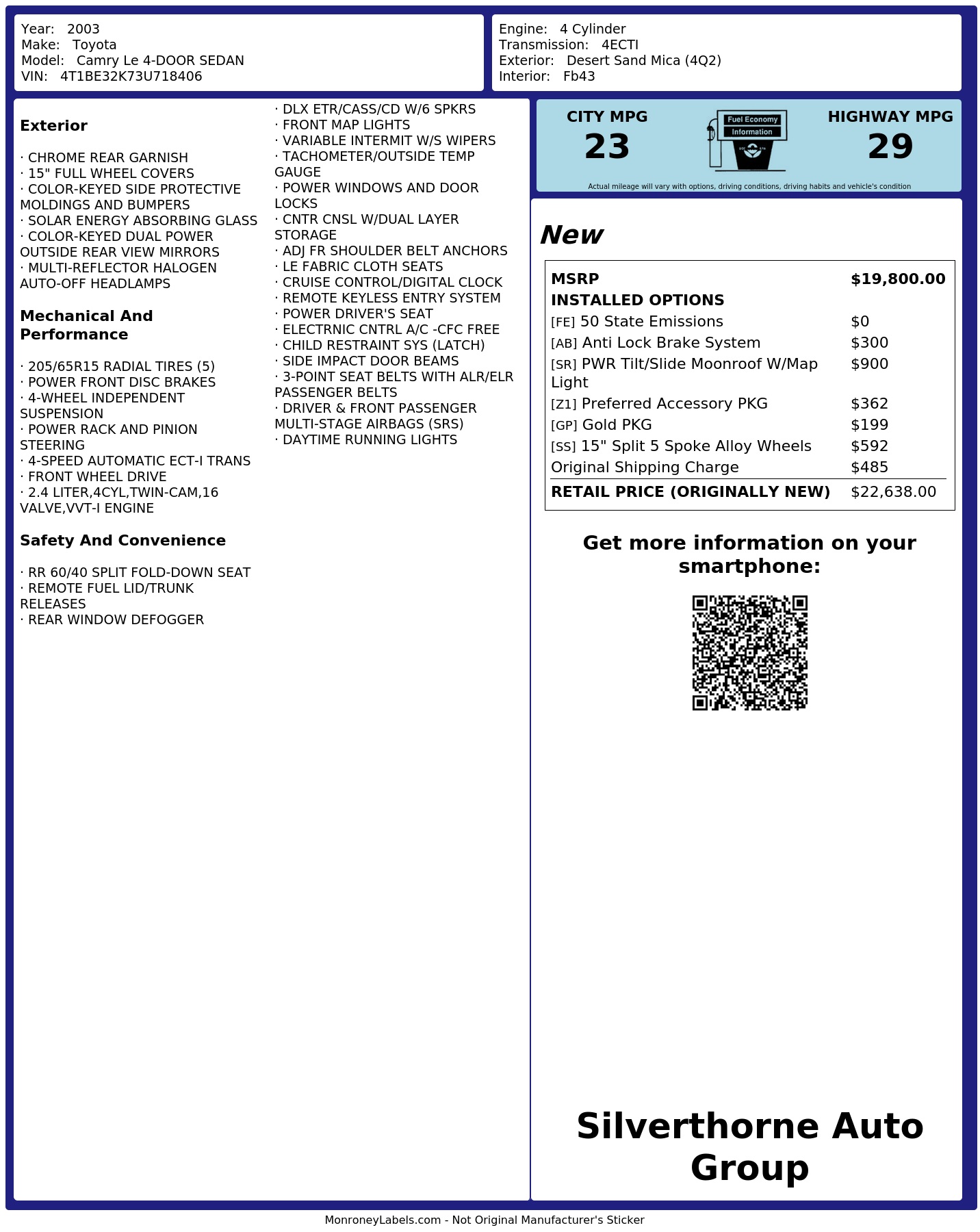 Window Sticker for 2003 Toyota Camry Le 4 Door Sedan
