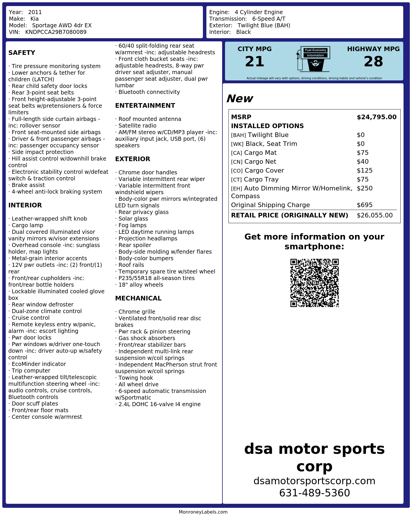 Window Sticker for 2011 Kia Sportage Awd 4dr Ex