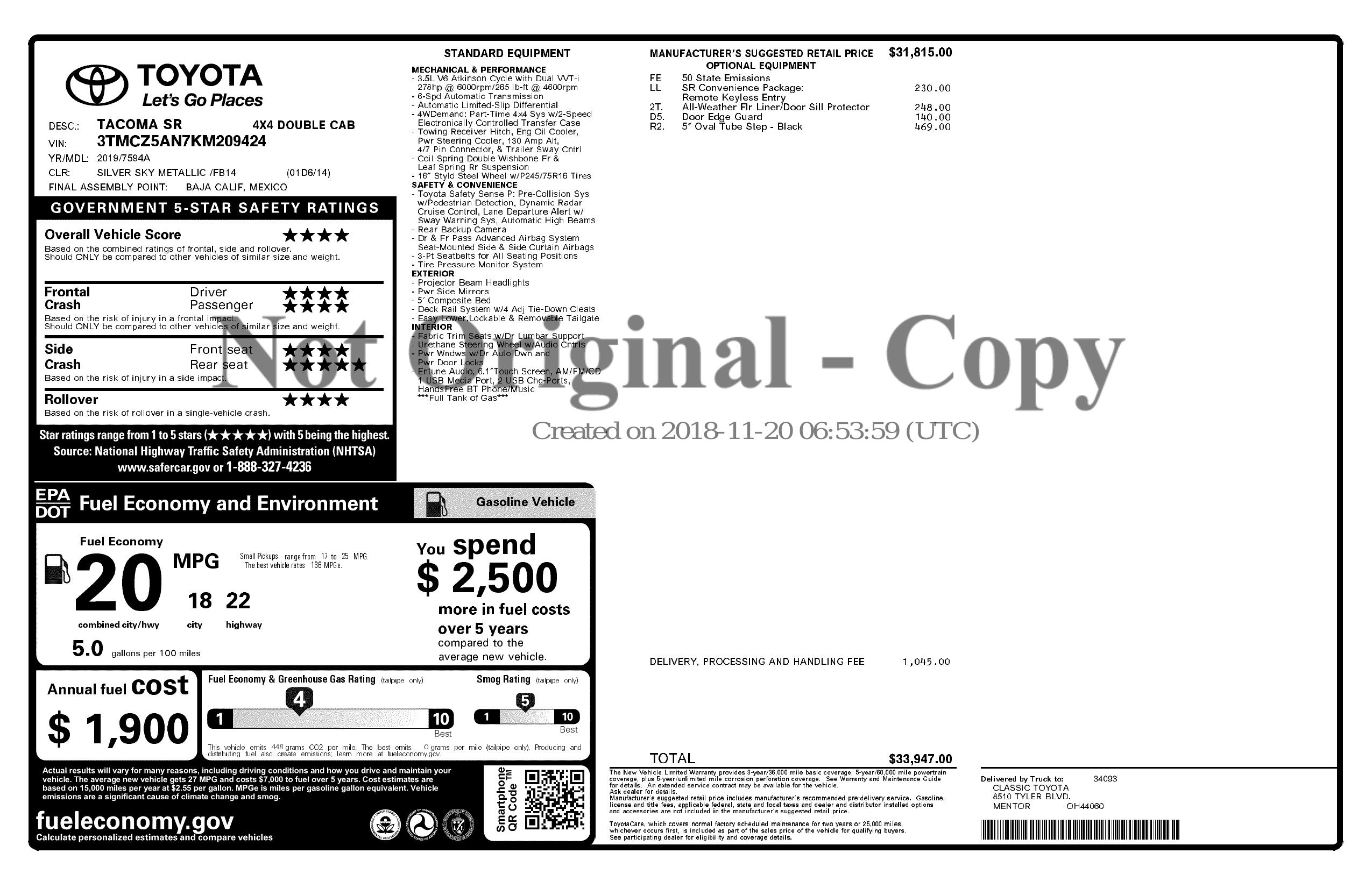 4wd Label Used 2019 TOYOTA TACOMA 4WD SR for sale in MIAMI | 158131
