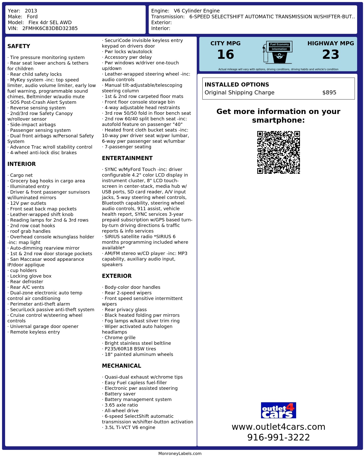 Window Sticker for 2013 Ford Flex 4dr Sel Awd