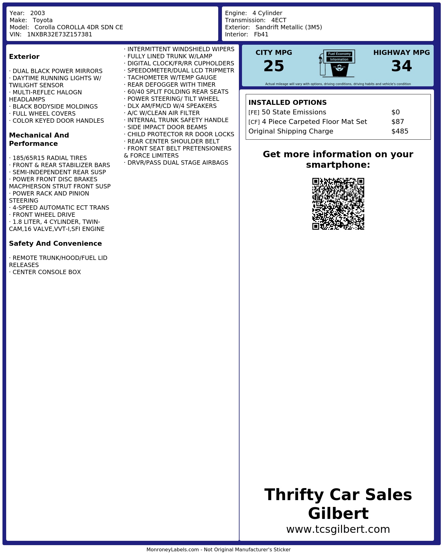 Window Sticker for 2003 Toyota Corolla Corolla 4 Dr Sdn Ce