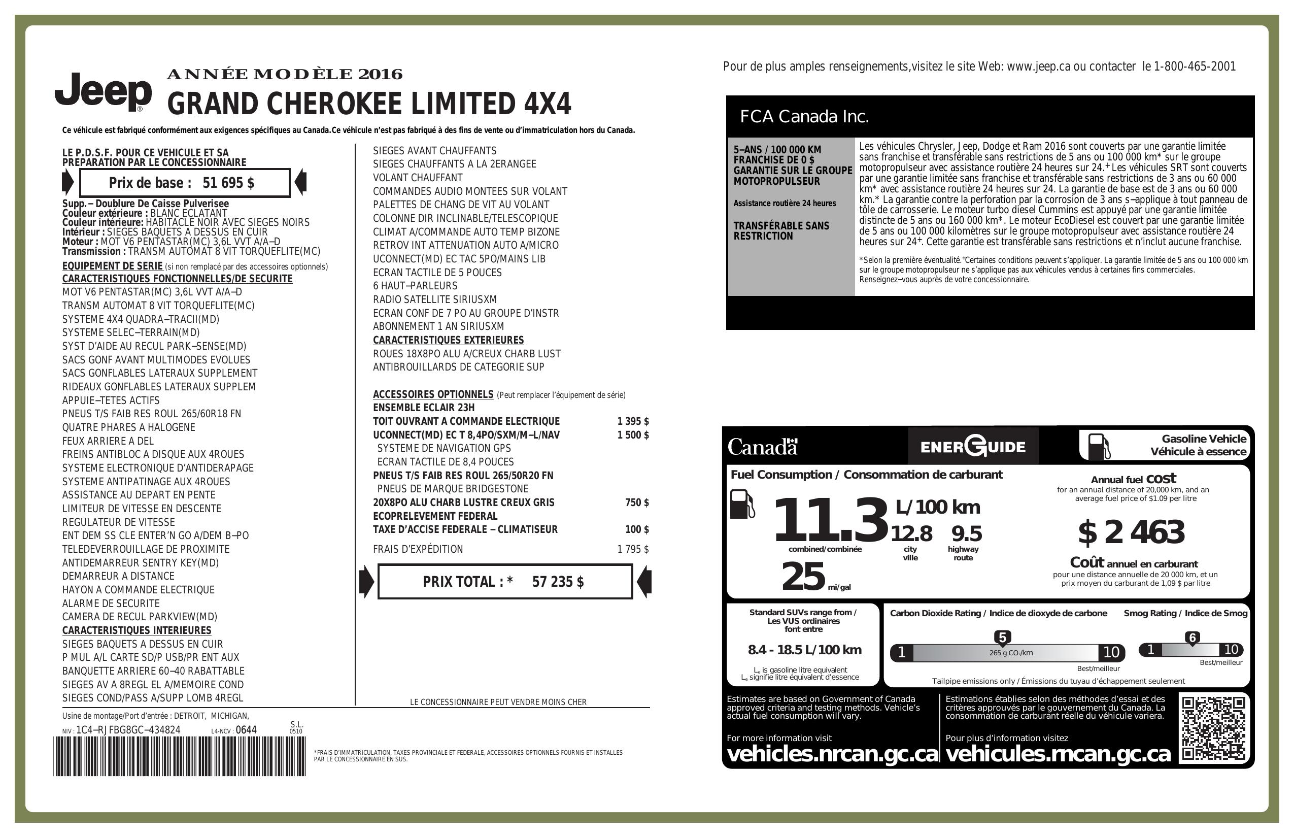 Window Sticker for 2016 Jeep Grand Cherokee