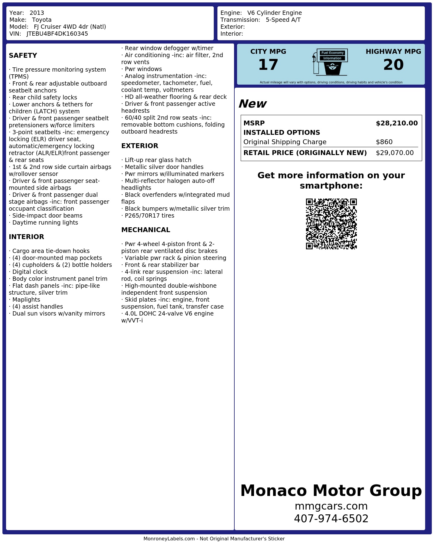 Window Sticker for 2013 Toyota Fj Cruiser 4 Wd 4dr (Natl)