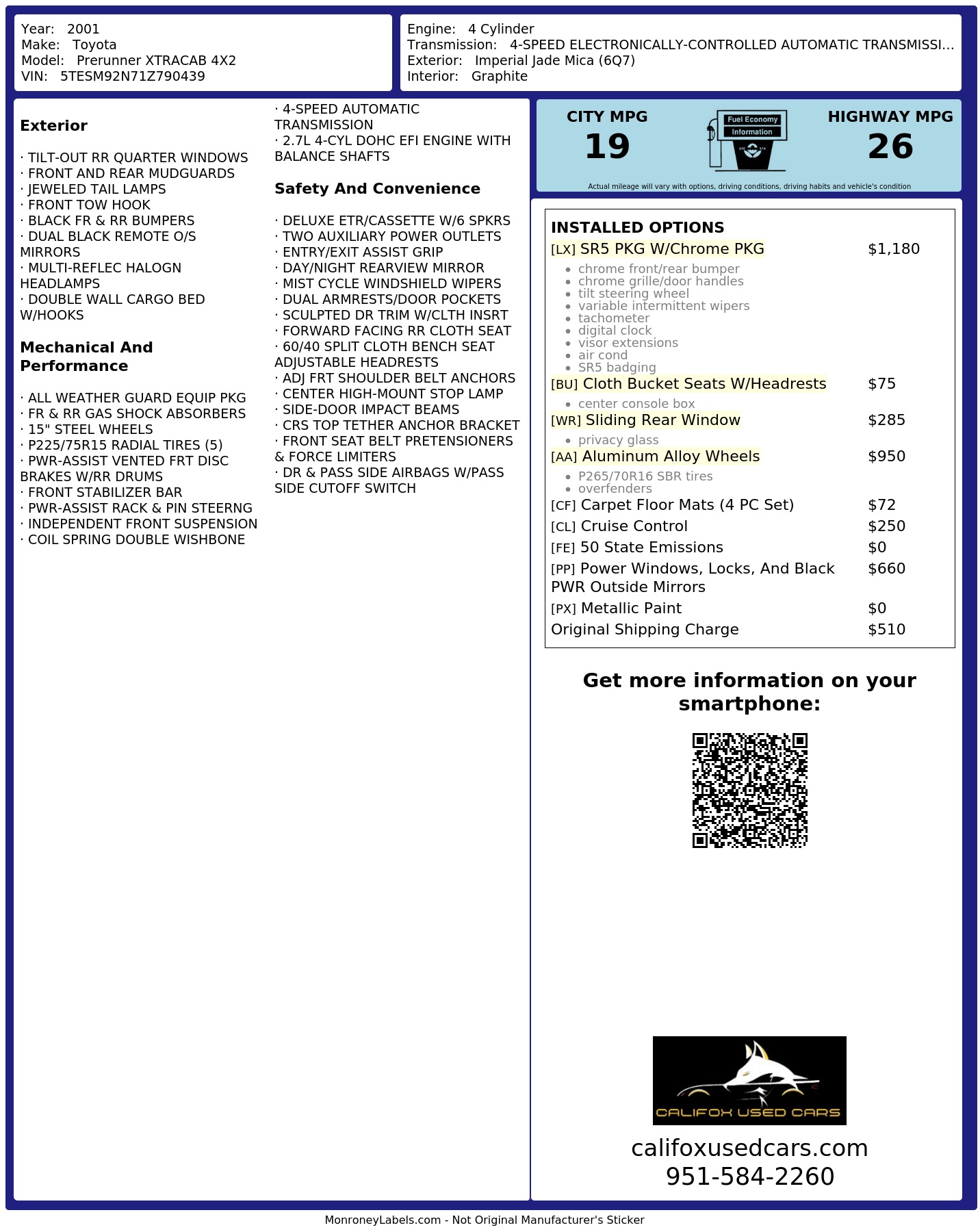 Pre Window Sticker Window Sticker for 2001 Toyota Prerunner Xtracab 4 X2