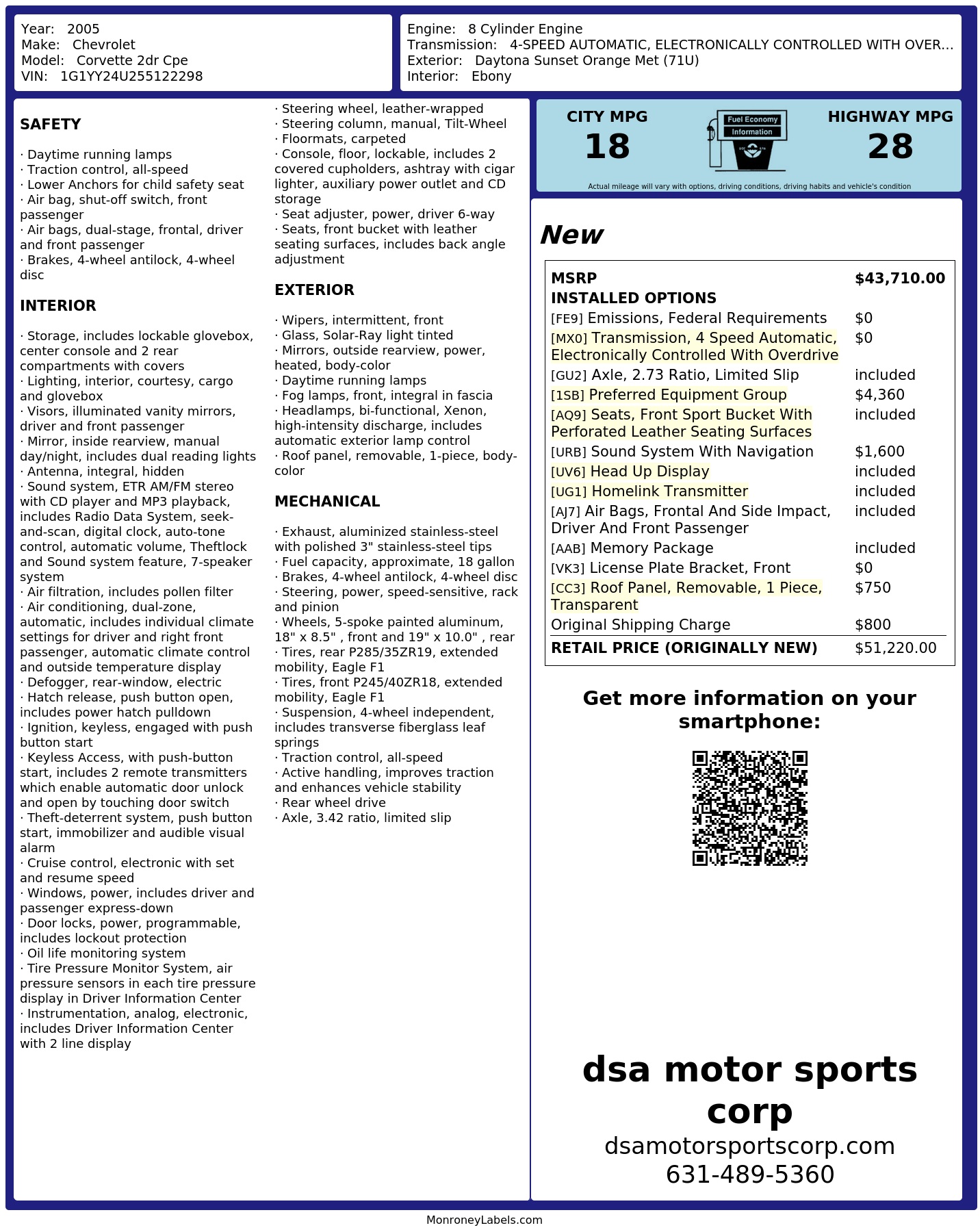 Window Sticker for 2005 Chevrolet Corvette 2dr Cpe