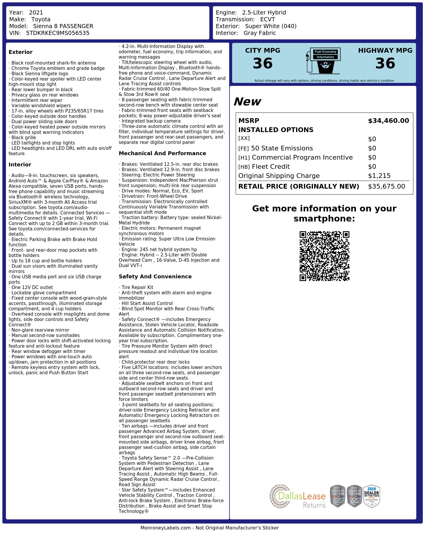 Passsenger Window Sticker Window Sticker for 2021 Toyota Sienna 8 Passenger