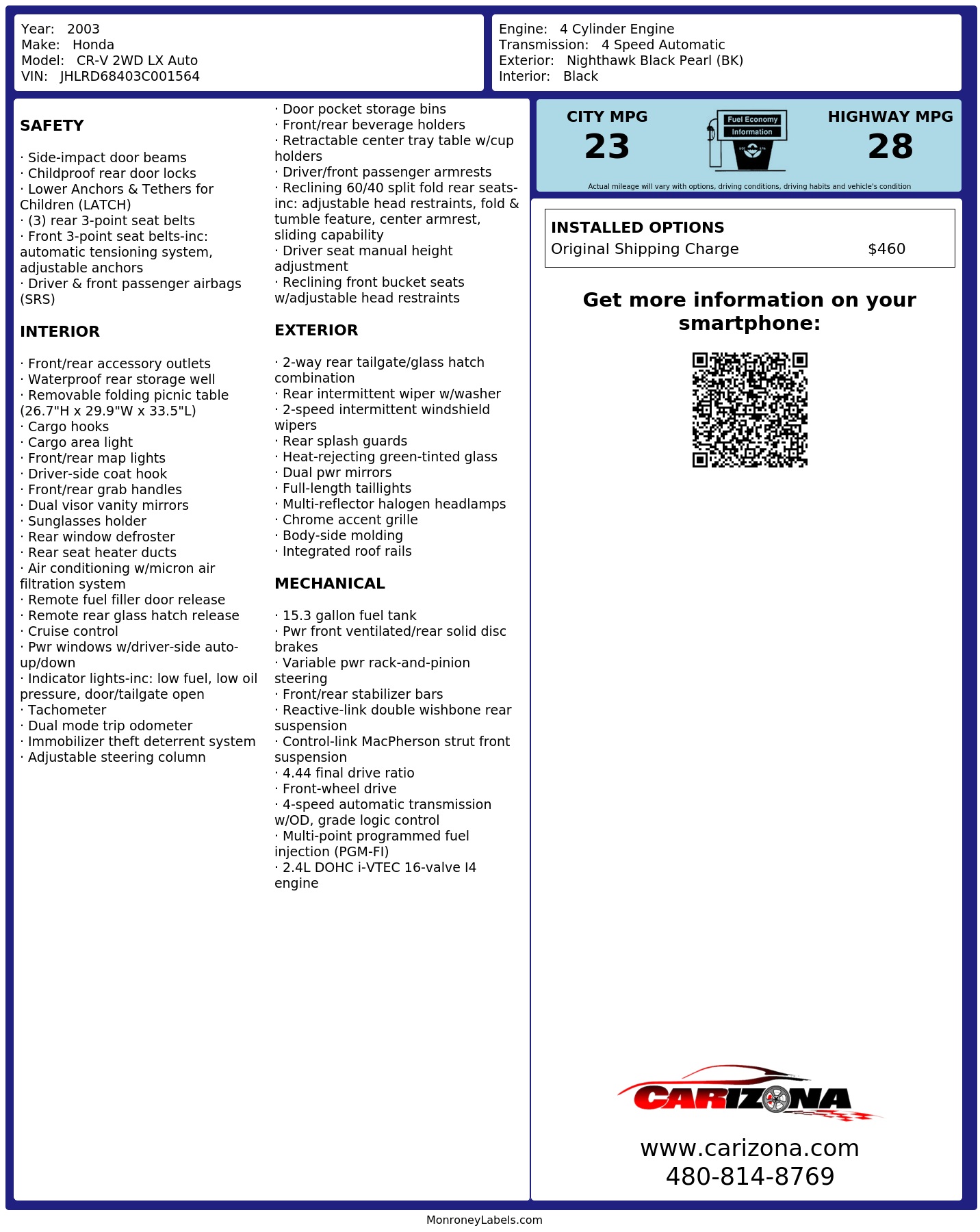 Window Sticker for 2003 Honda Cr V 2 Wd Lx Auto