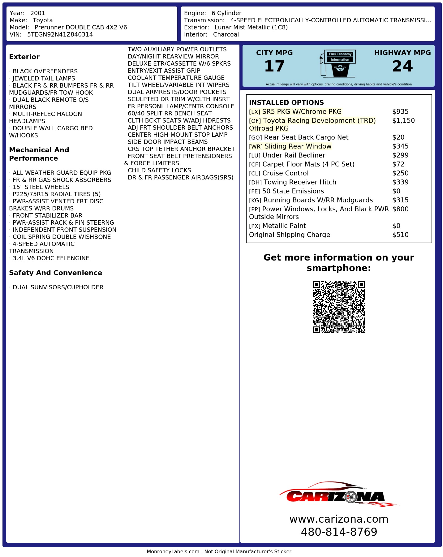 Prerunner Sticker Window Sticker for 2001 Toyota Prerunner Double Cab 4 X2 V6