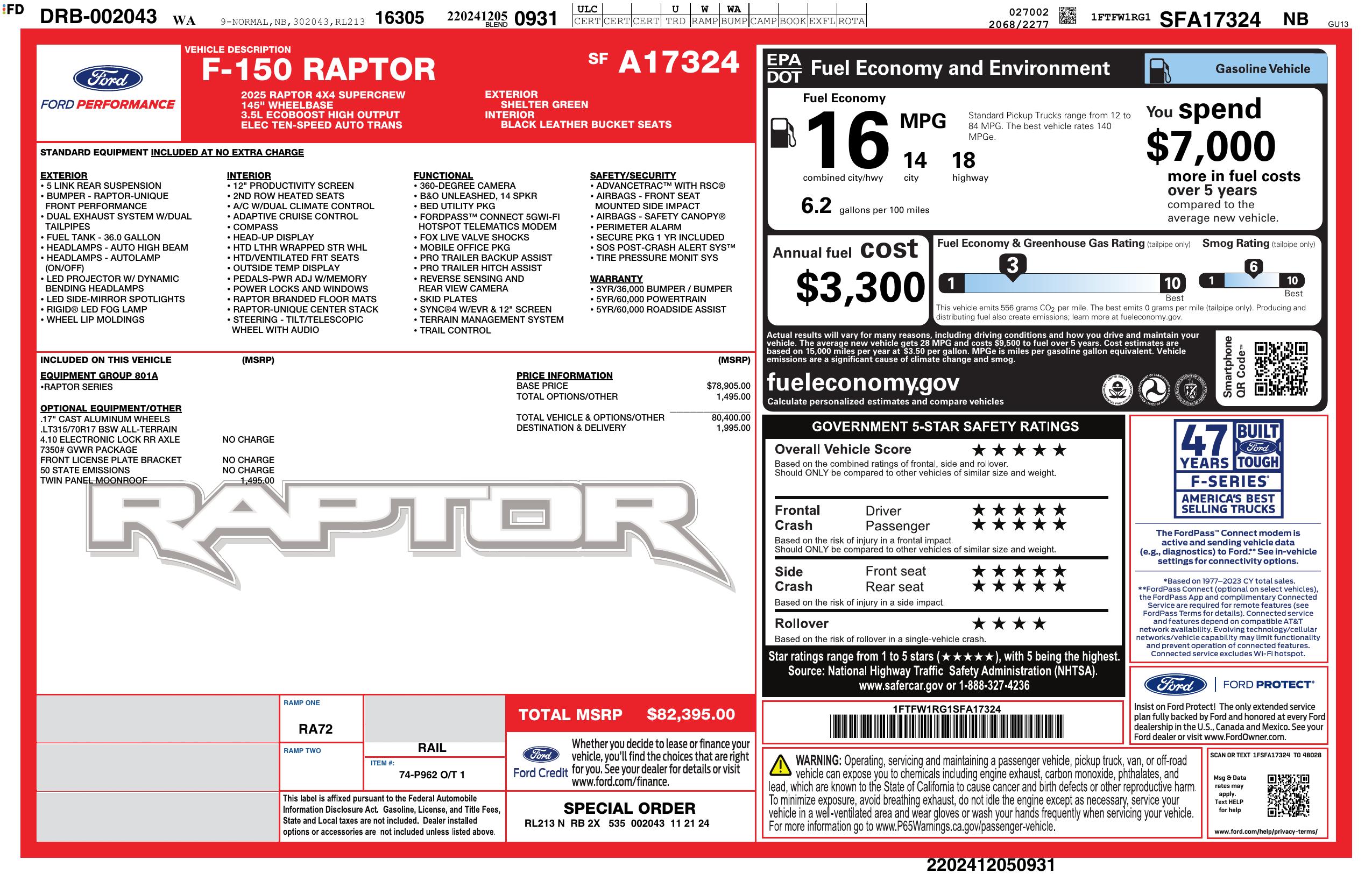 Window Sticker for 2025 Ford F 150 Raptor 4 Wd Super Crew 5.5' Box