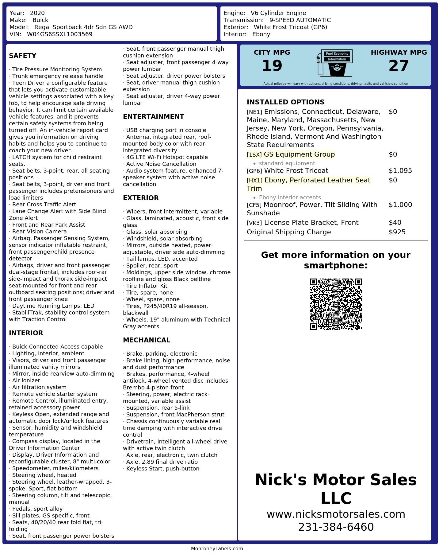 Window Sticker for 2020 Buick Regal Sportback 4dr Sdn Gs Awd