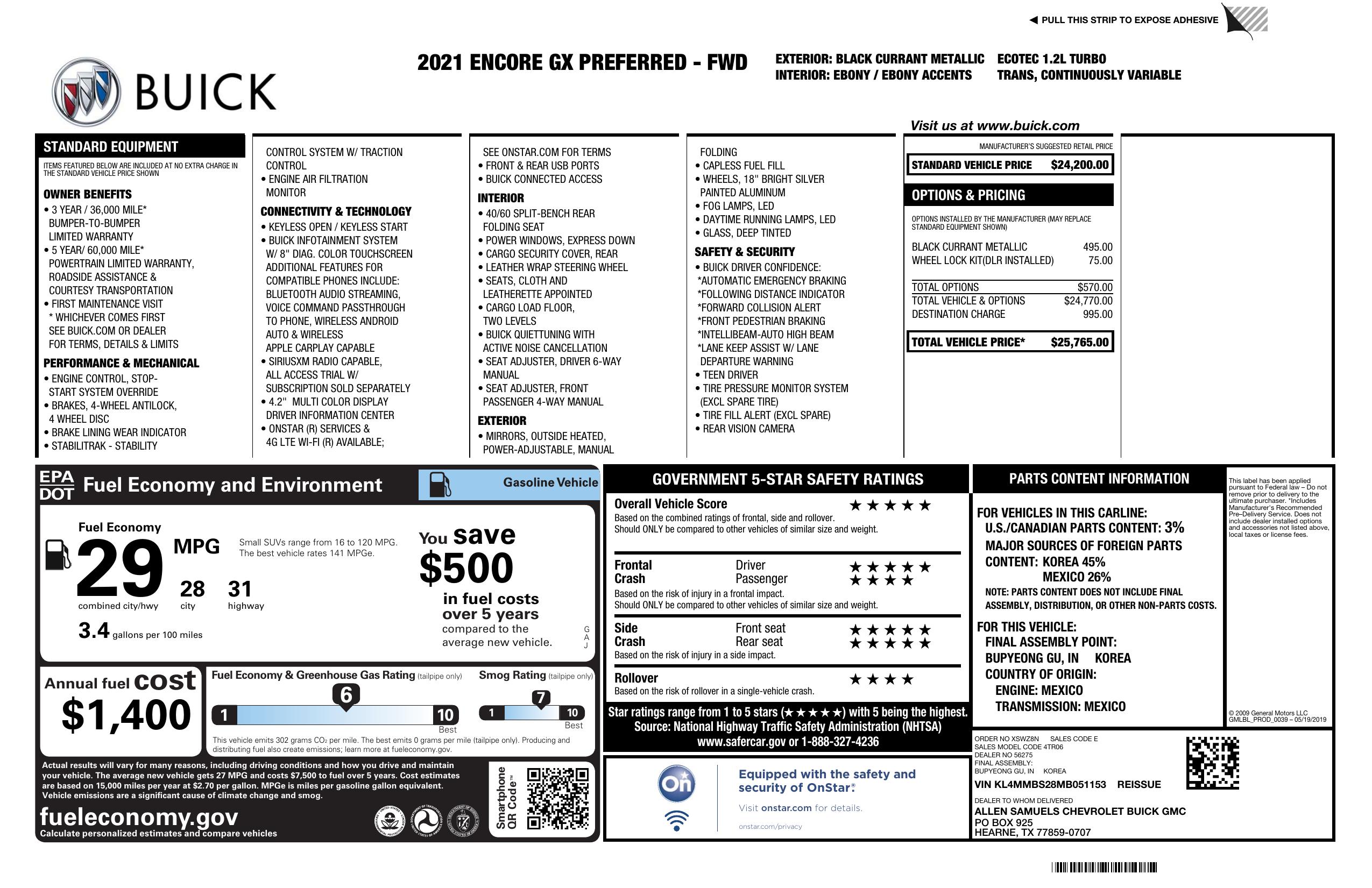 Original window sticker for 2021 BUICK ENCORE GX PREFERRED
