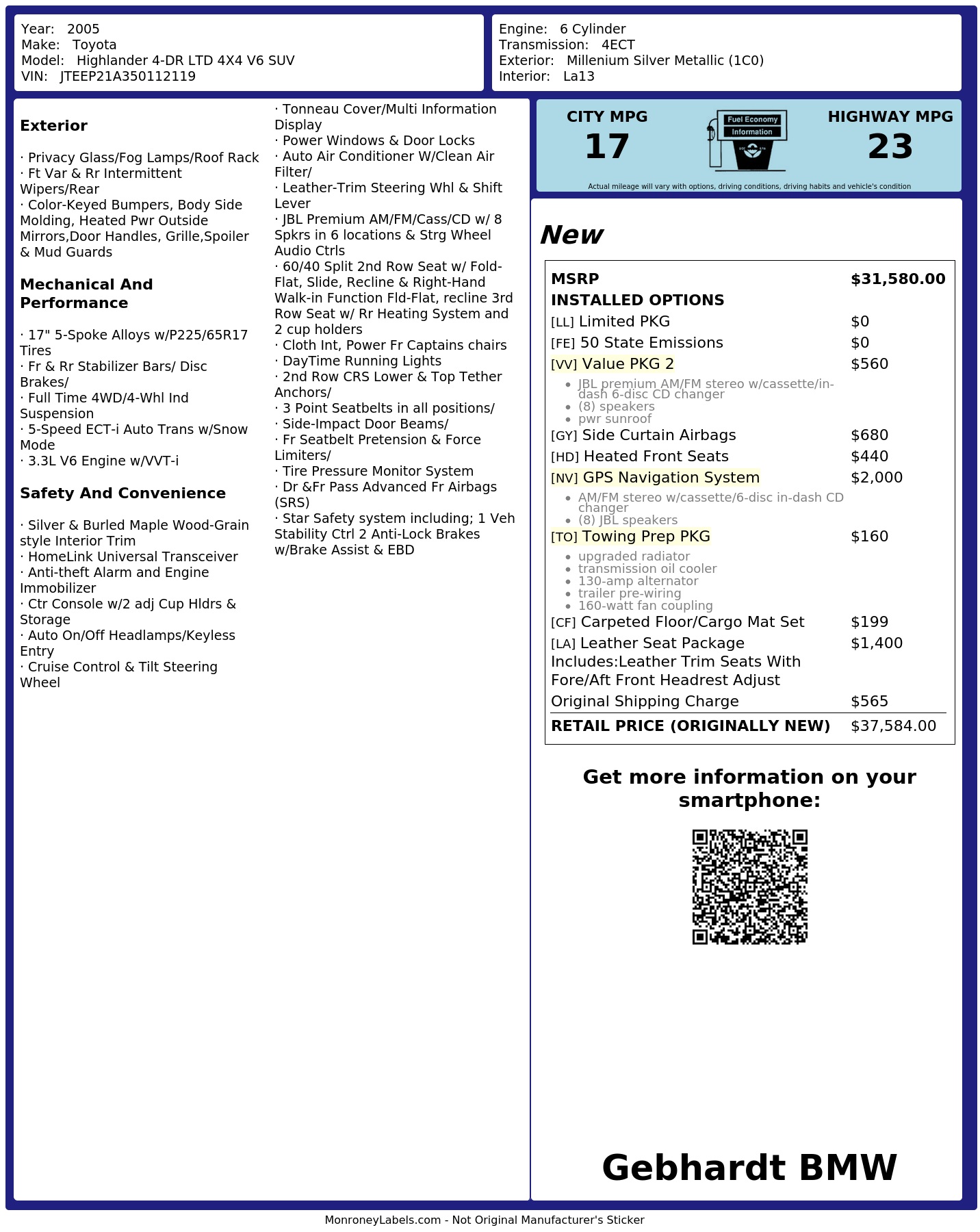 Window Sticker for 2005 Toyota Highlander 4 Dr Ltd 4 X4 V6 Suv