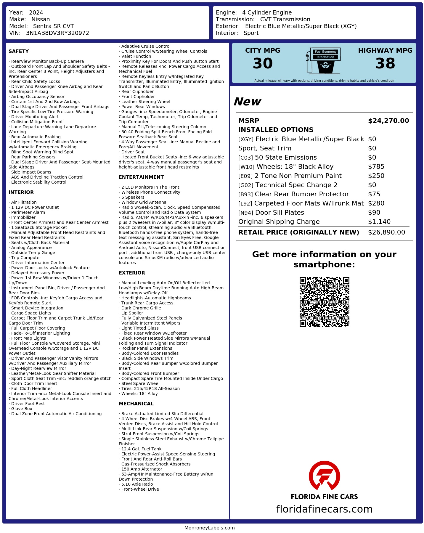 Original window sticker for 2024 NISSAN SENTRA SR
