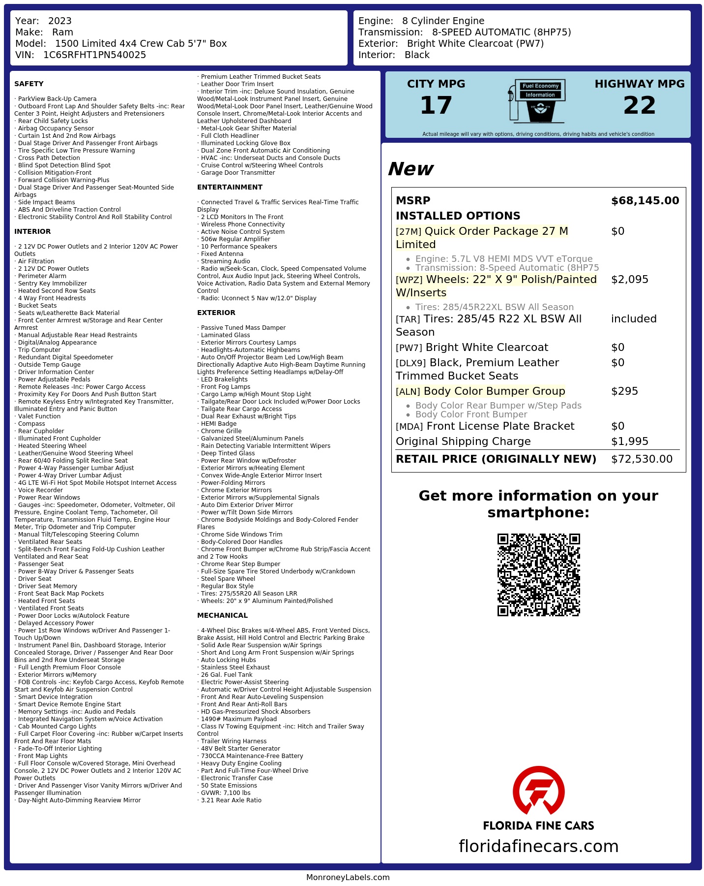Original window sticker for 2023 RAM 1500 LIMITED