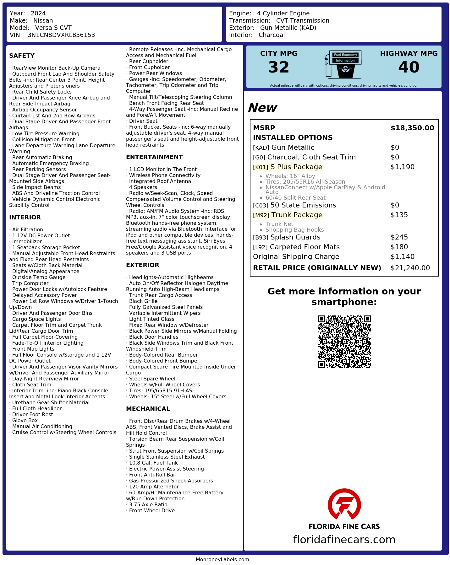 Original window sticker for 2024 NISSAN VERSA S