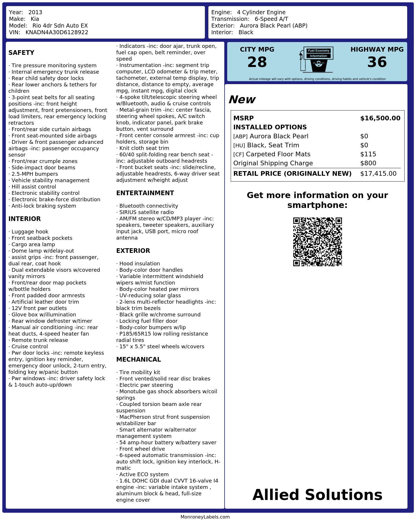 Window Sticker for 2013 Kia Rio 4dr Sdn Auto Ex