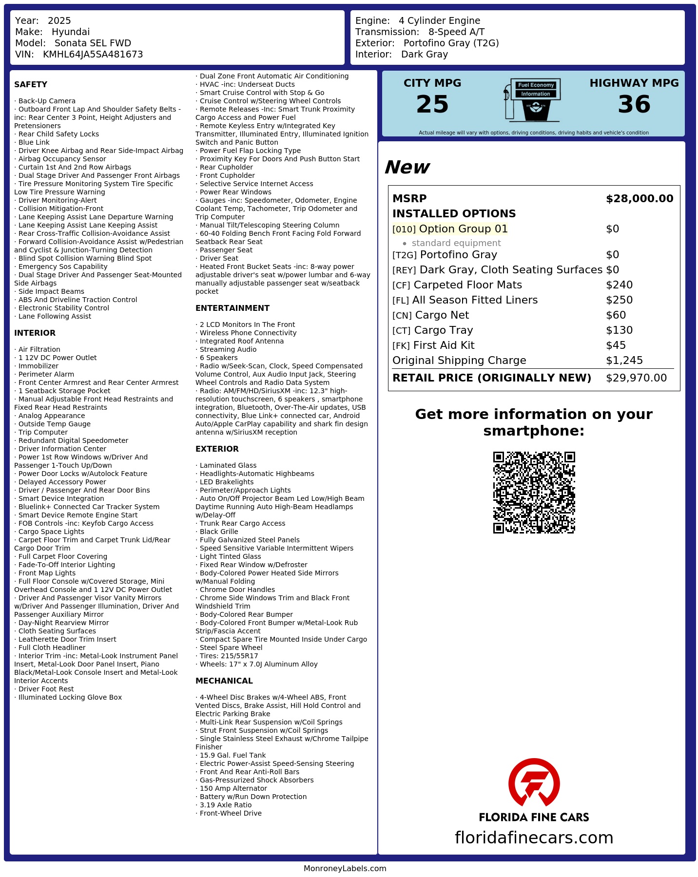Original window sticker for 2025 HYUNDAI SONATA SEL