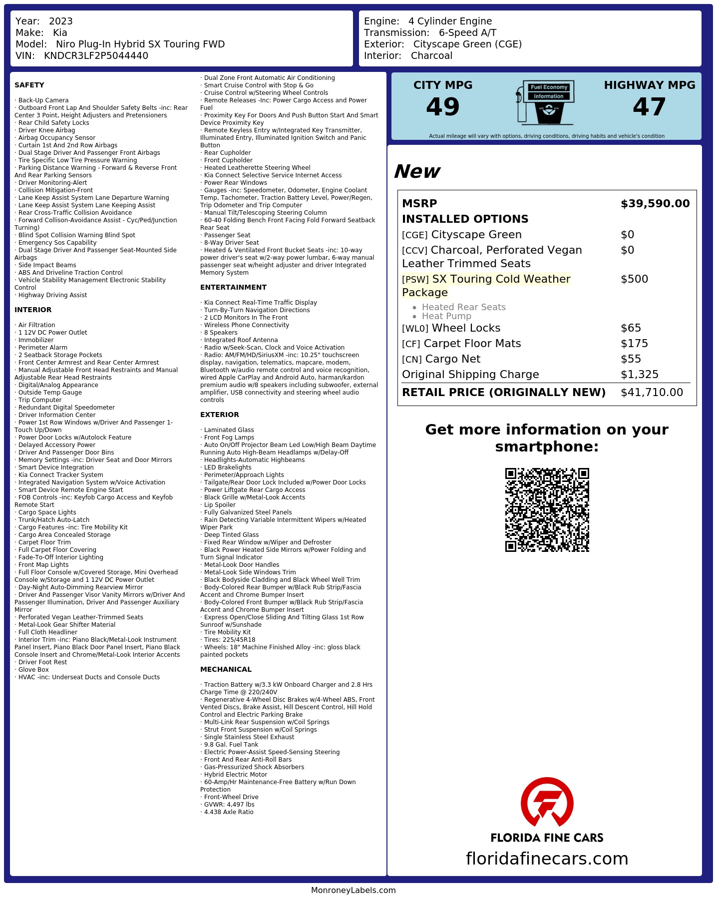 Original window sticker for 2023 KIA NIRO PLUG-IN HYBRID SX TOURING