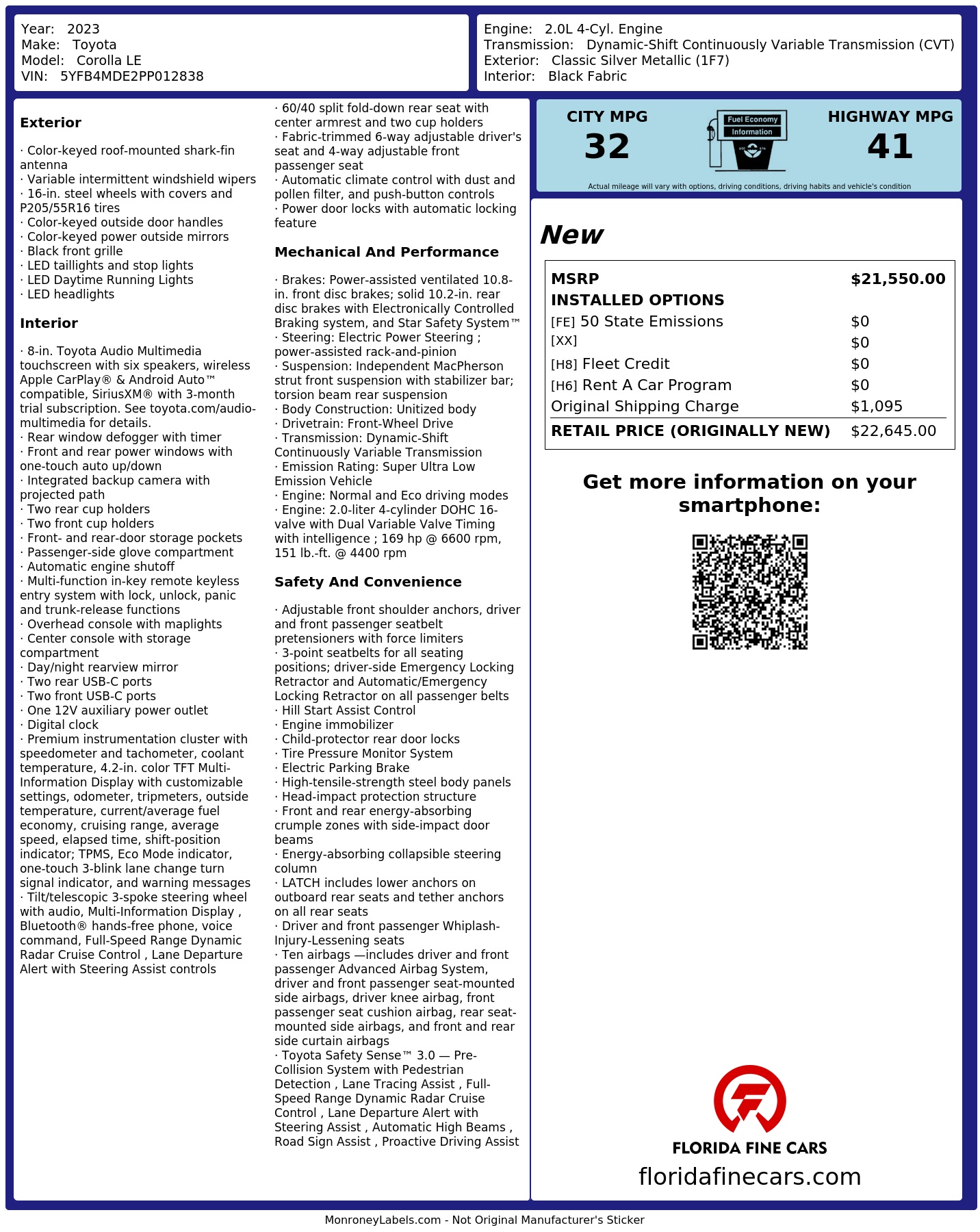 Original window sticker for 2023 TOYOTA COROLLA LE