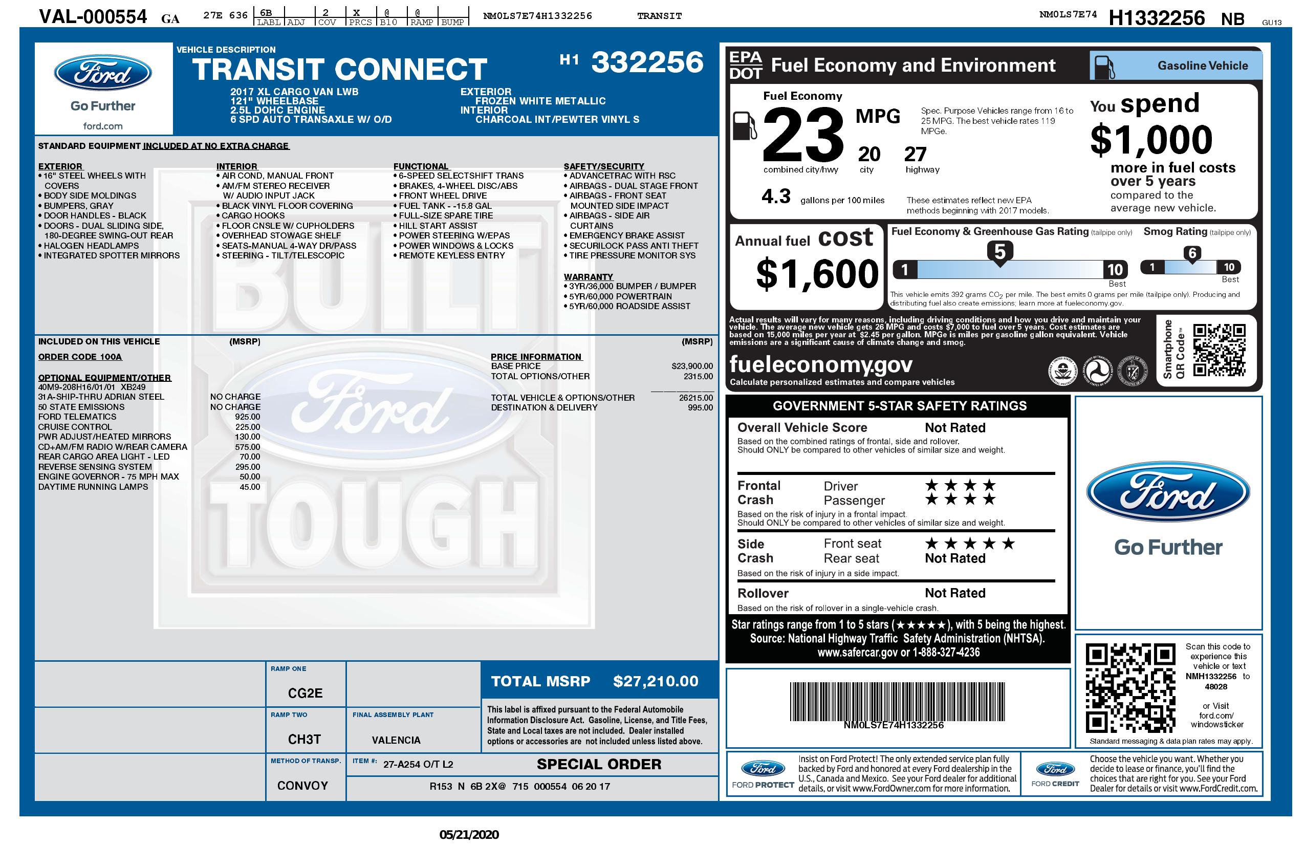 Original window sticker for 2017 FORD TRANSIT CONNECT VAN XL