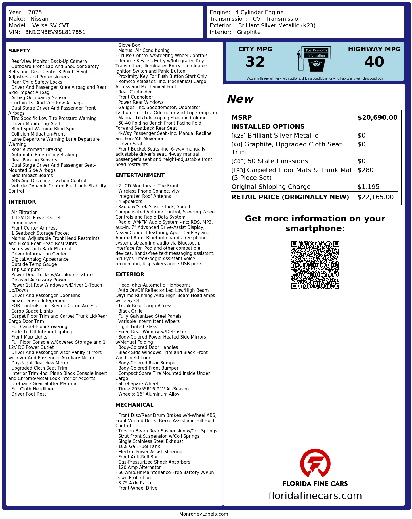 Original window sticker for 2025 NISSAN VERSA SV