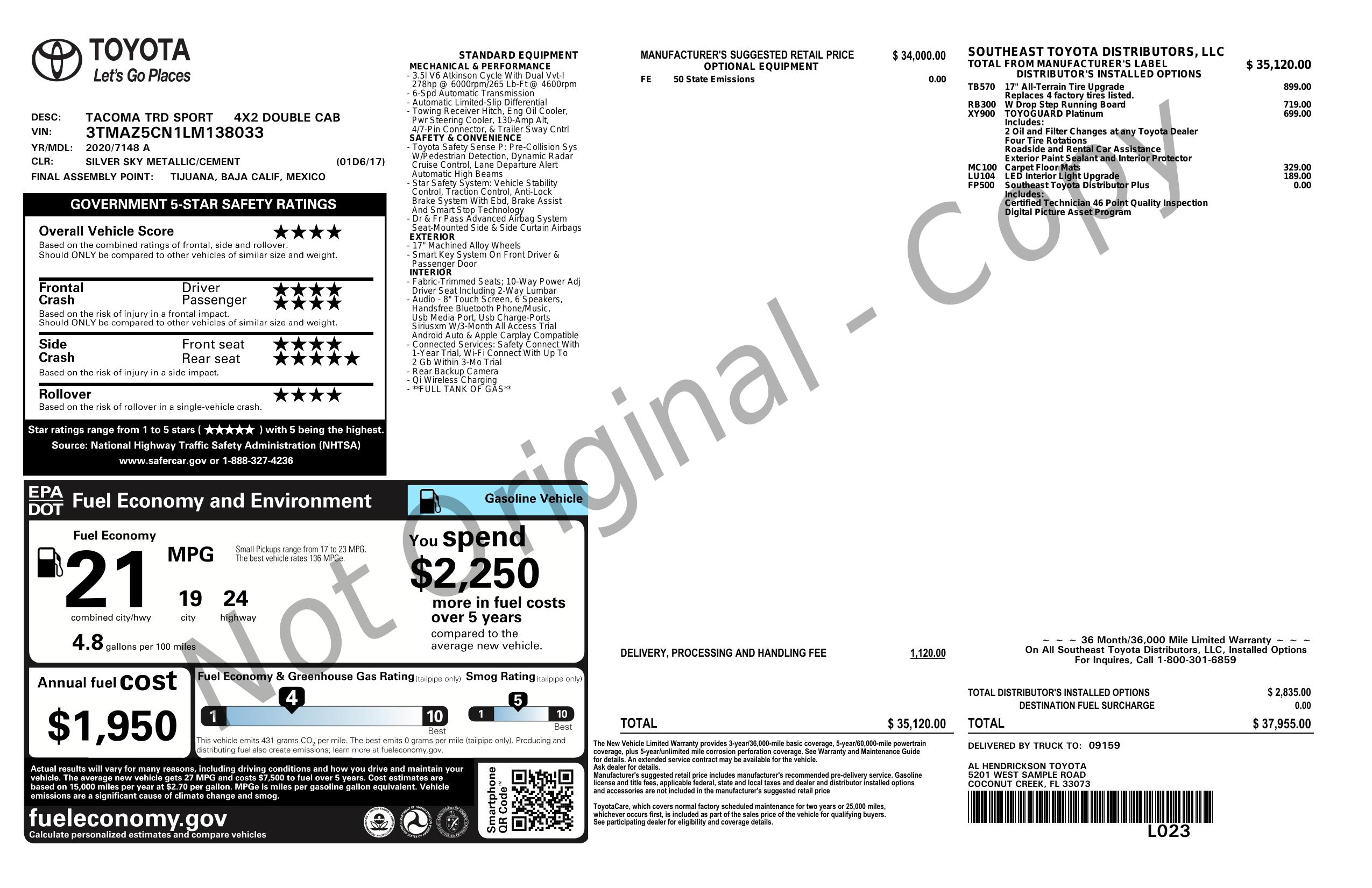 Original window sticker for 2020 TOYOTA TACOMA 2WD TRD SPORT