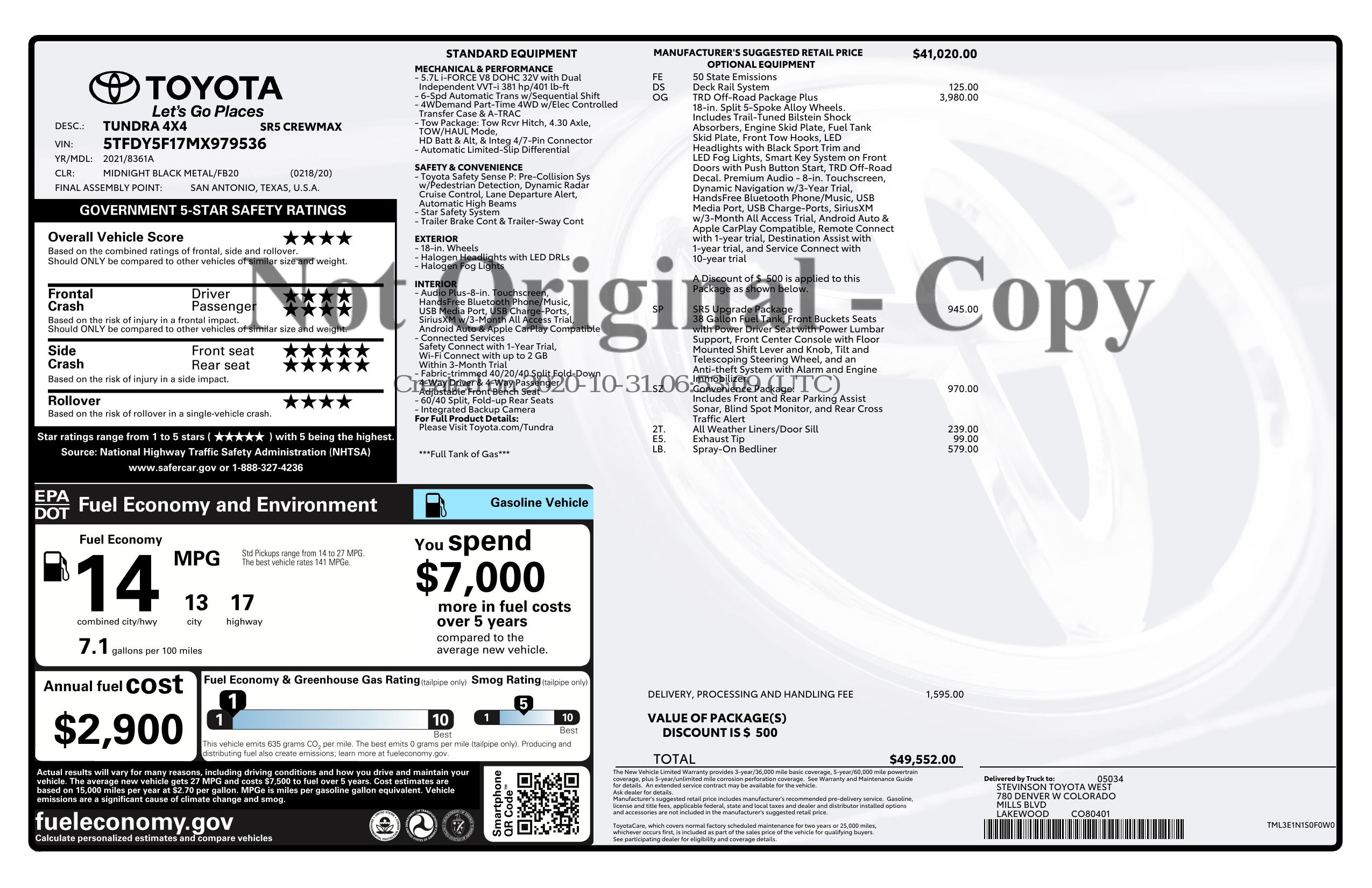 Original window sticker for 2021 TOYOTA TUNDRA 4WD SR5