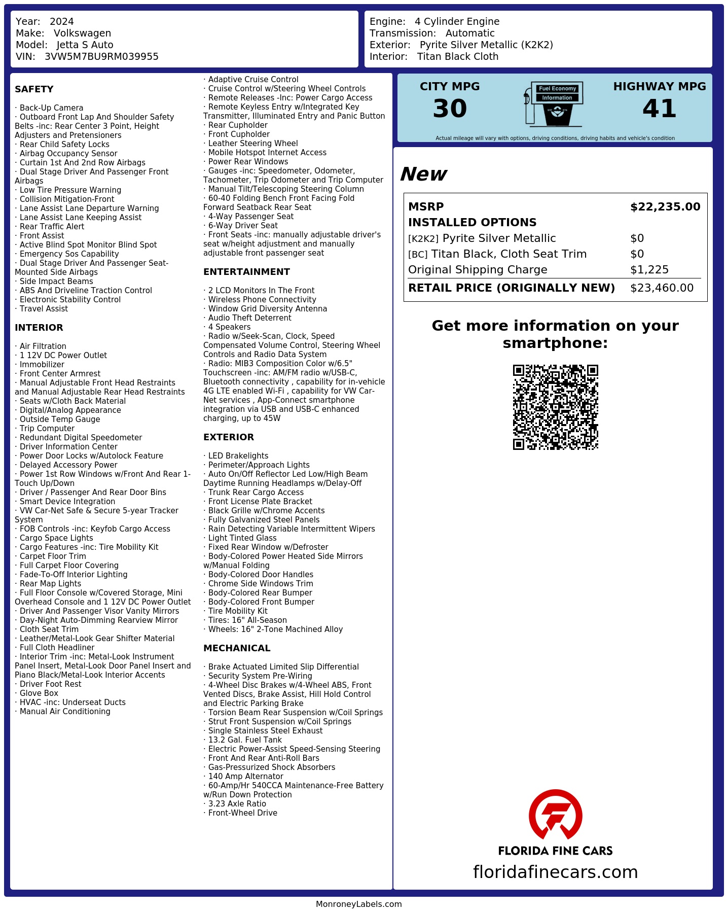 Original window sticker for 2024 VOLKSWAGEN JETTA S