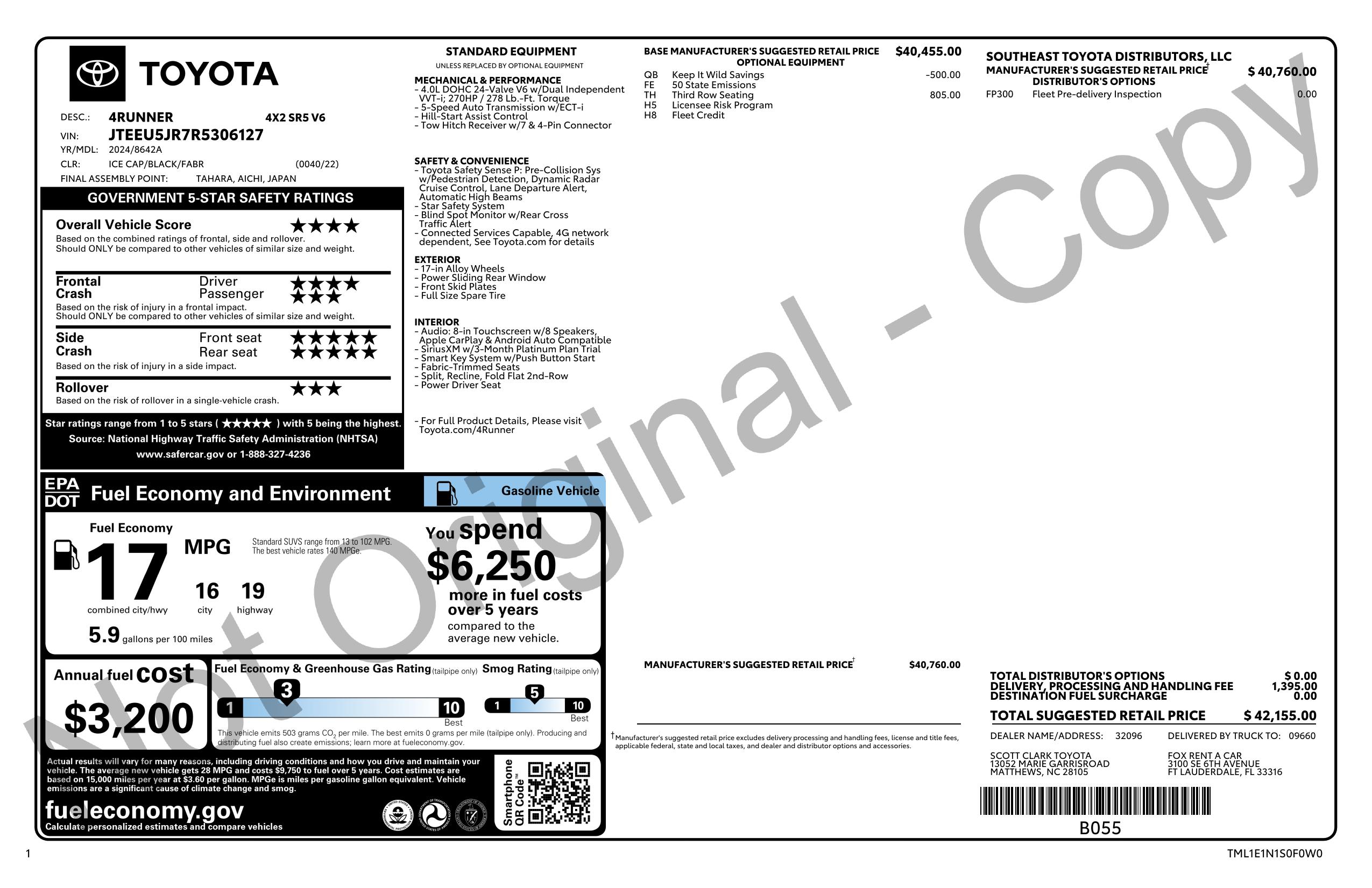 Original window sticker for 2024 TOYOTA 4RUNNER SR5