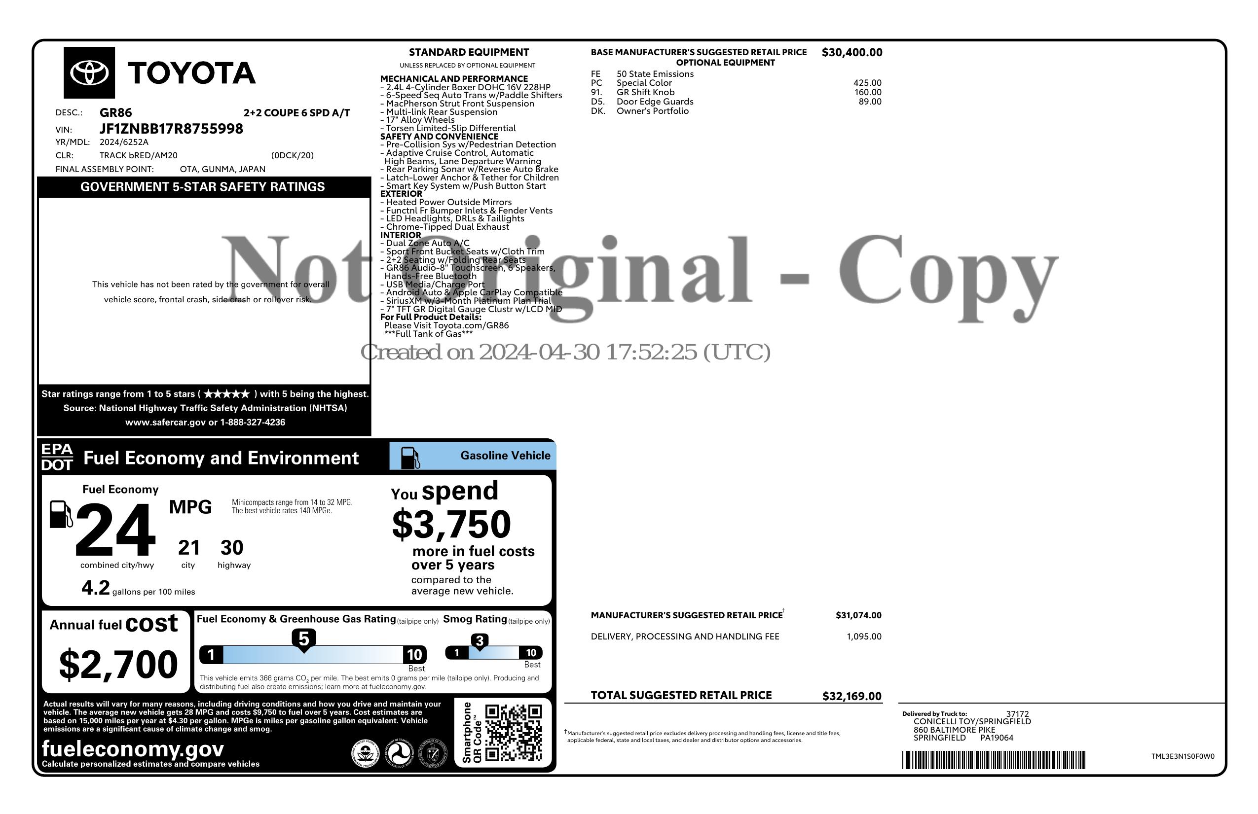 Original window sticker for 2024 TOYOTA GR86