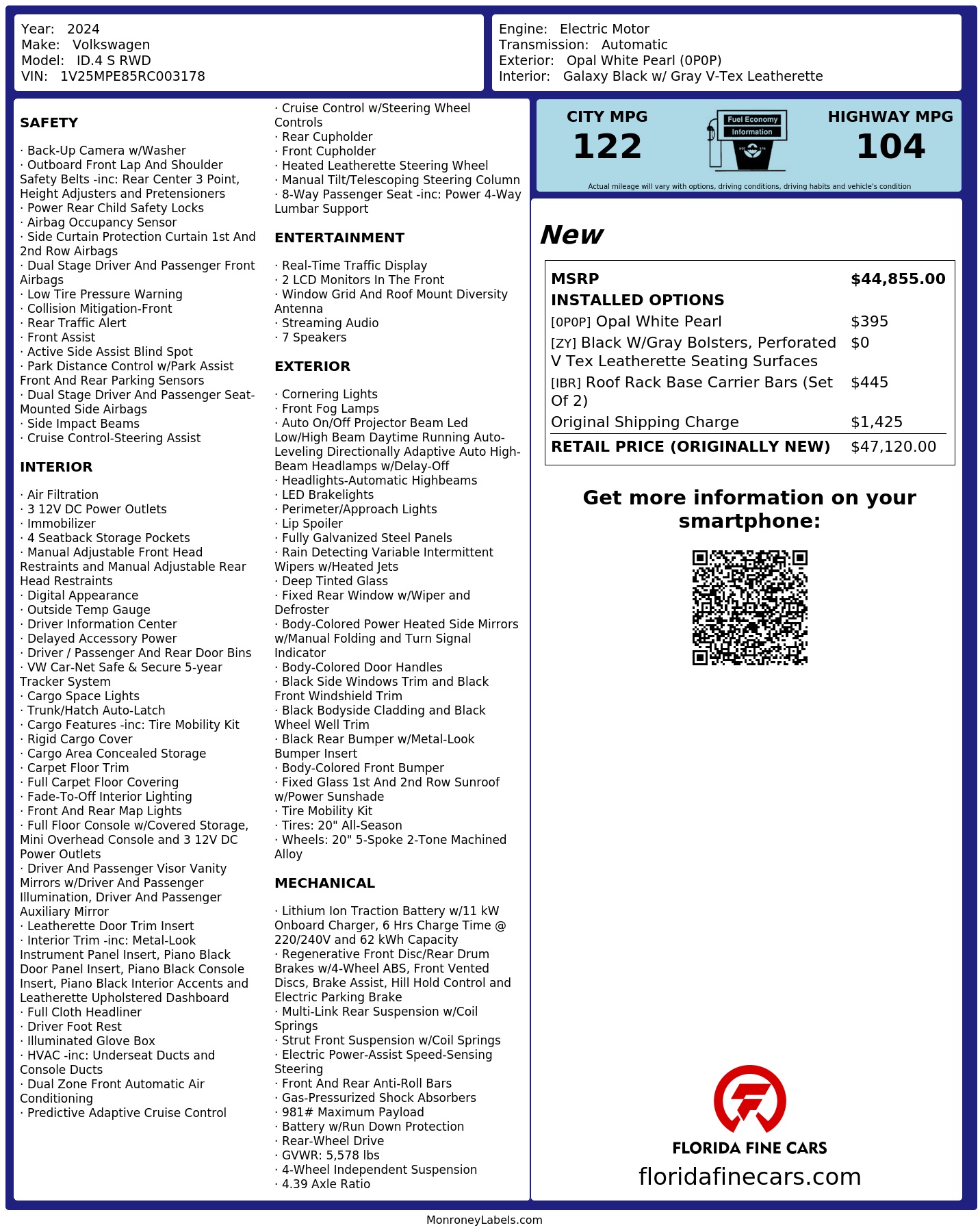 Original window sticker for 2024 VOLKSWAGEN ID.4 S