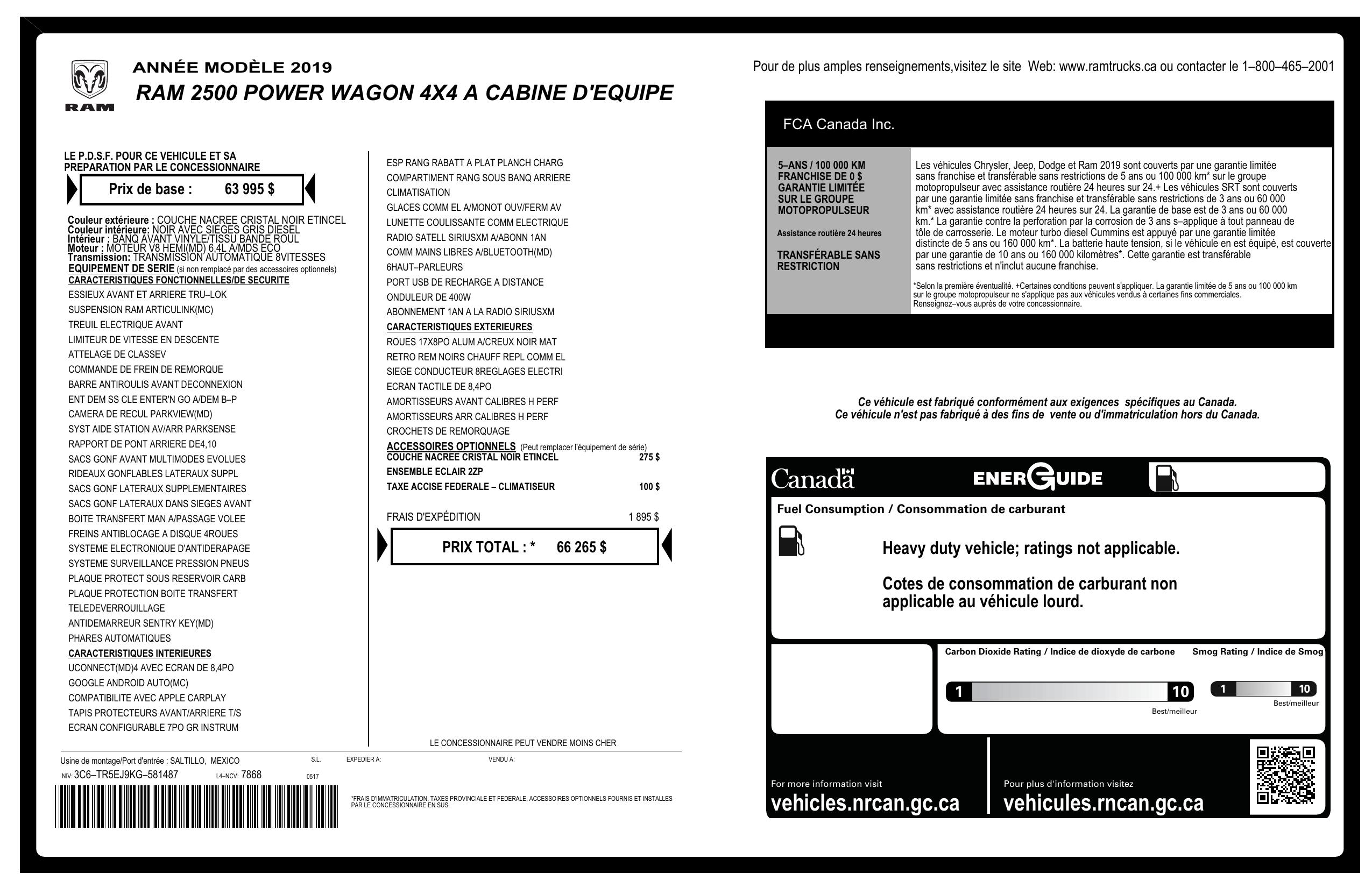 Window Sticker for 2019 Ram 2500 Power Wagon 4x4 Crew Cab 6'4" Box