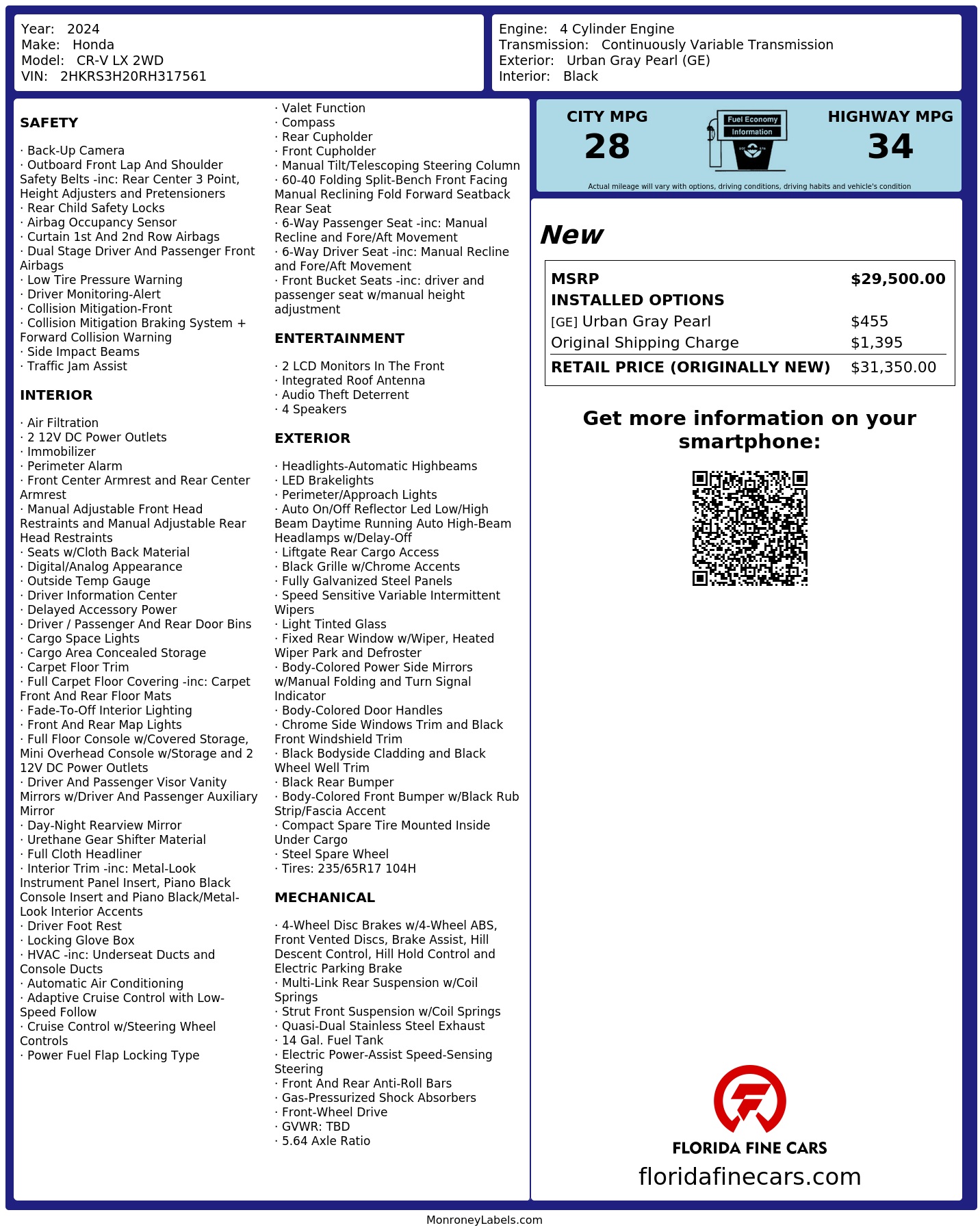 Original window sticker for 2024 HONDA CR-V LX