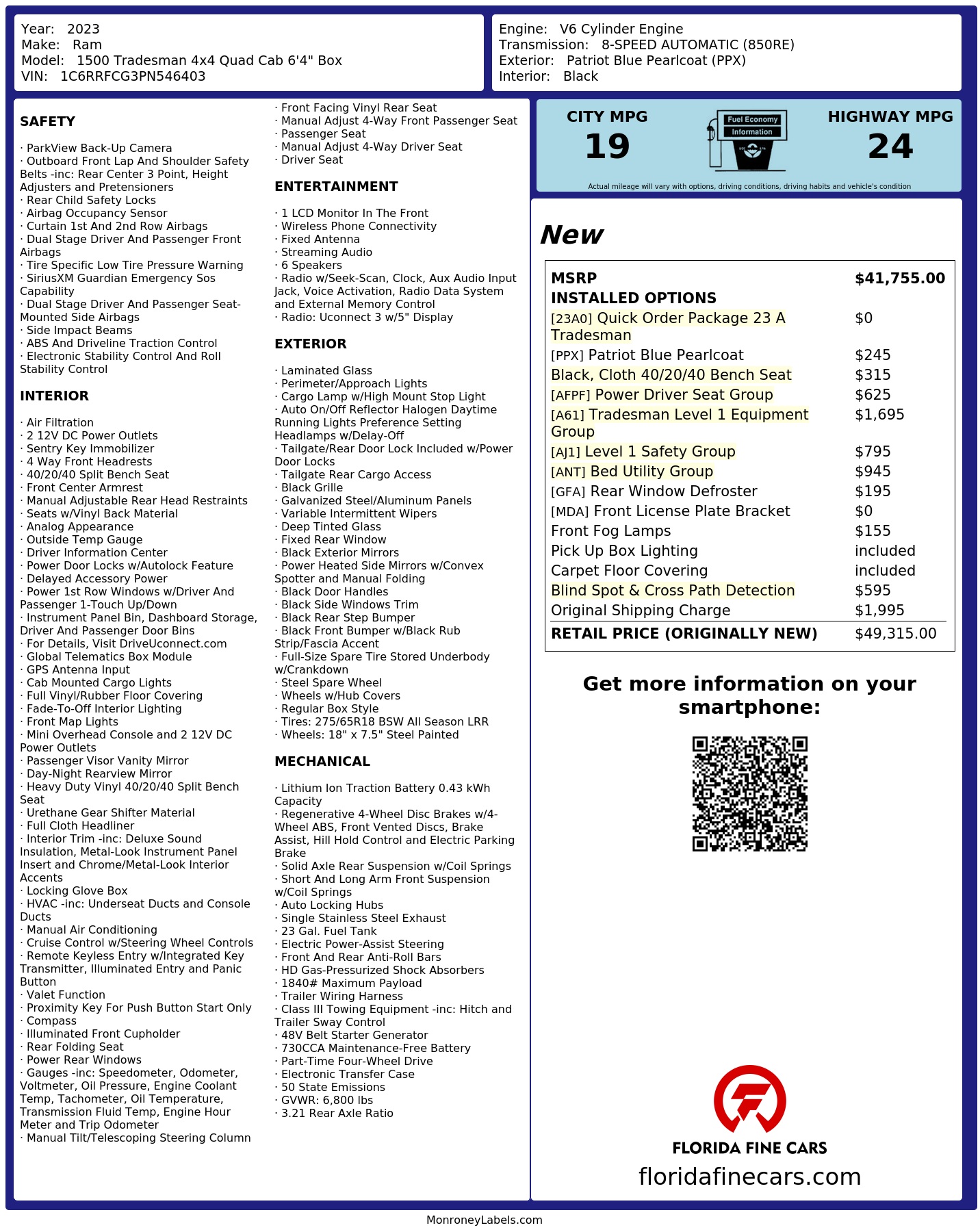 Original window sticker for 2023 RAM 1500 TRADESMAN