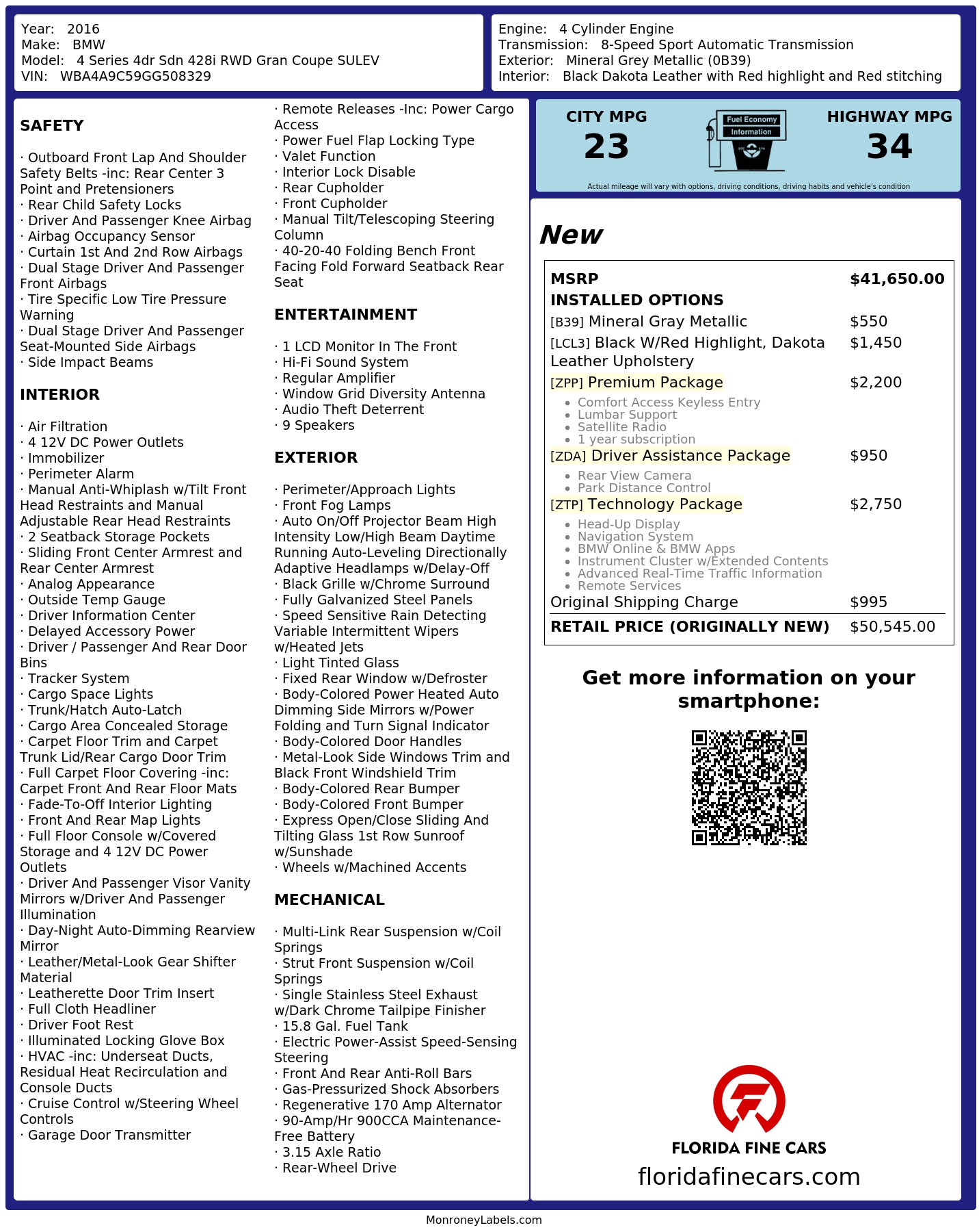 Original window sticker for 2016 BMW 4 SERIES 428I GRAN COUPE
