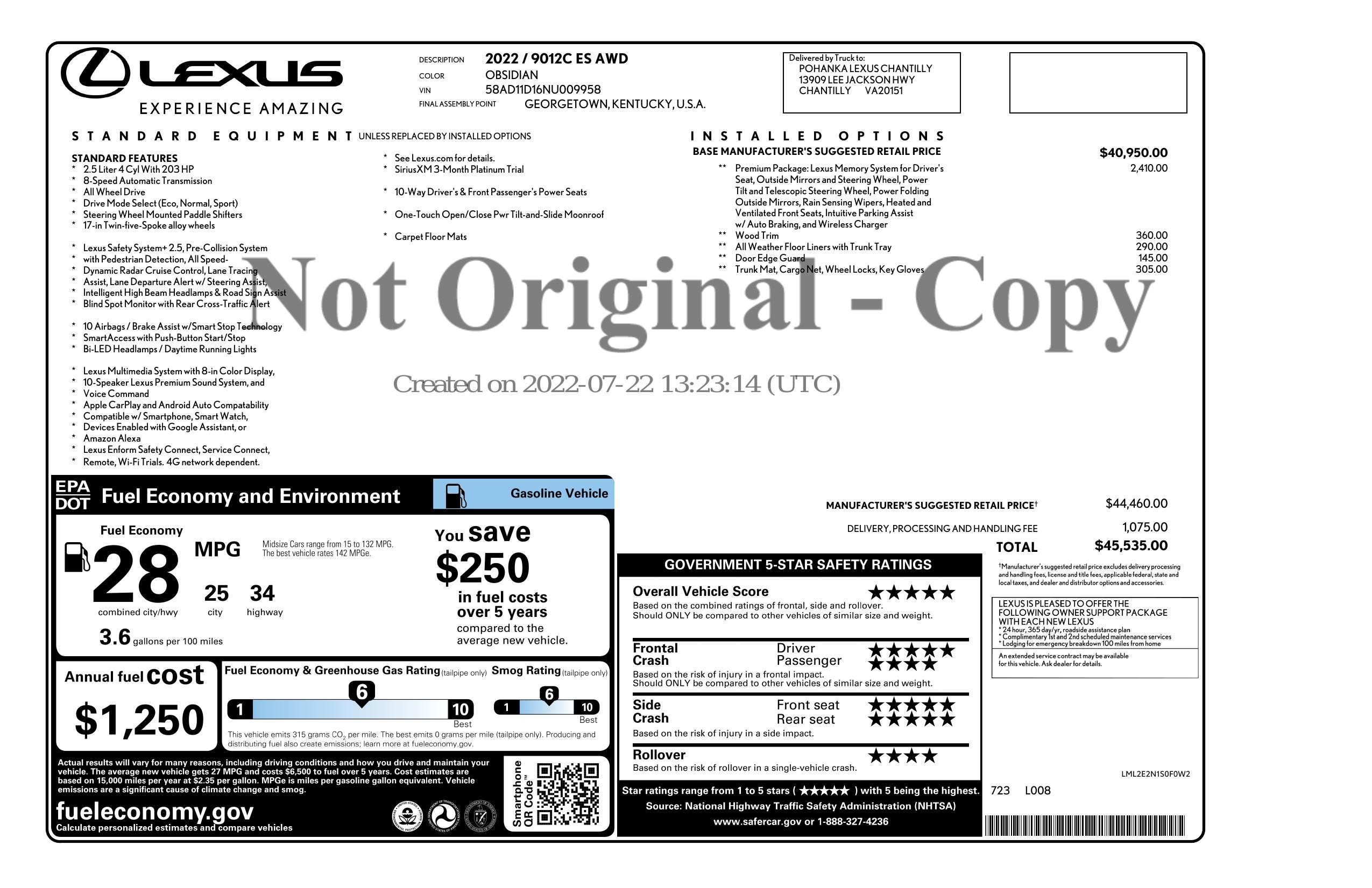 Original window sticker for 2022 LEXUS ES ES 250