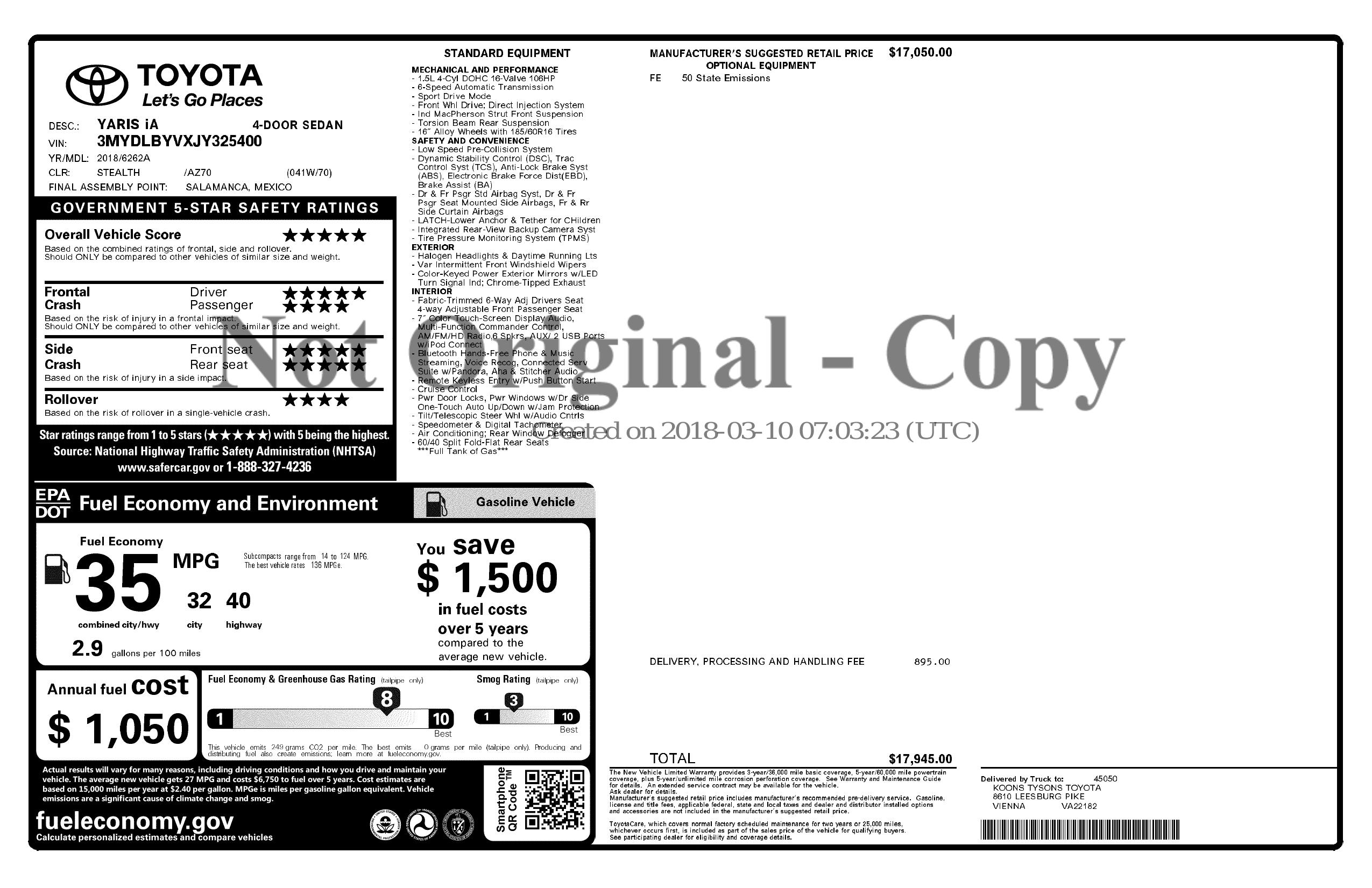 Original window sticker for 2018 TOYOTA YARIS IA