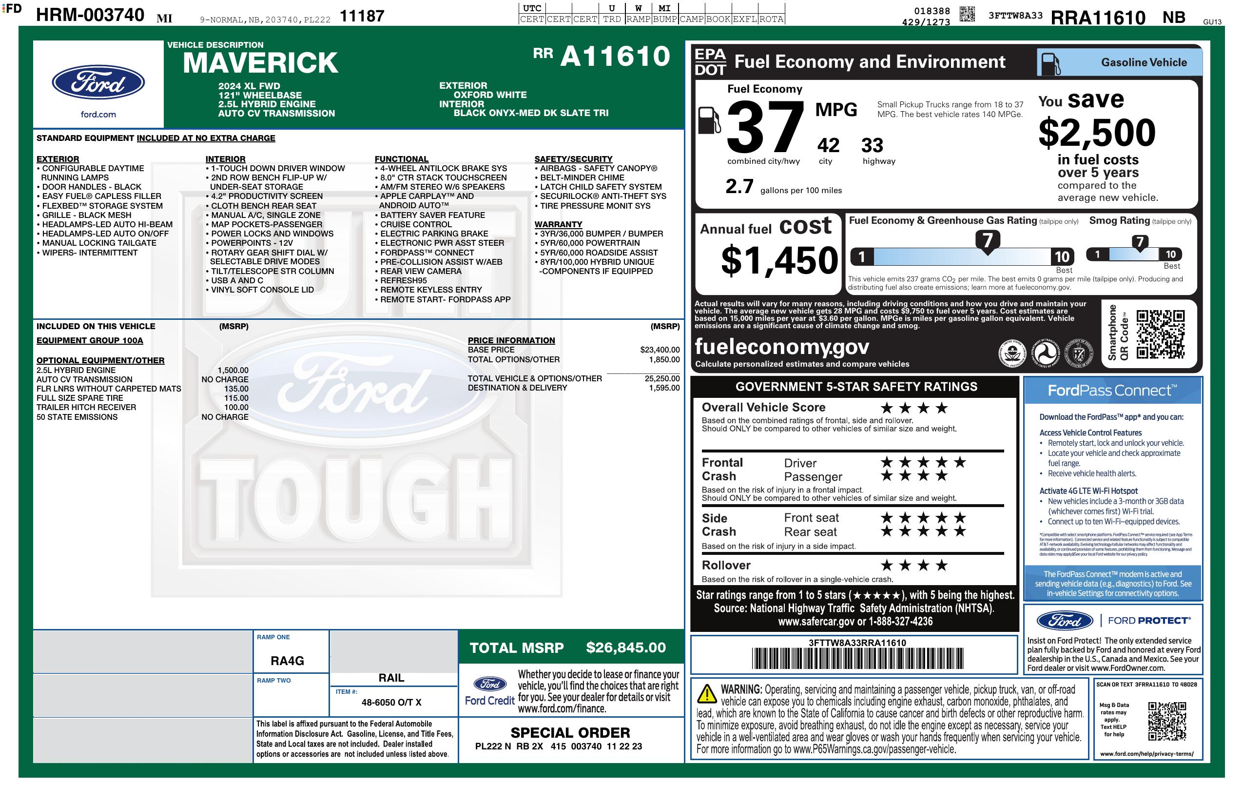 Original window sticker for 2024 FORD MAVERICK XL
