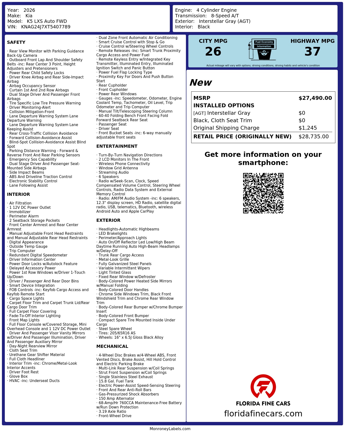 Original window sticker for 2026 KIA K5 LXS
