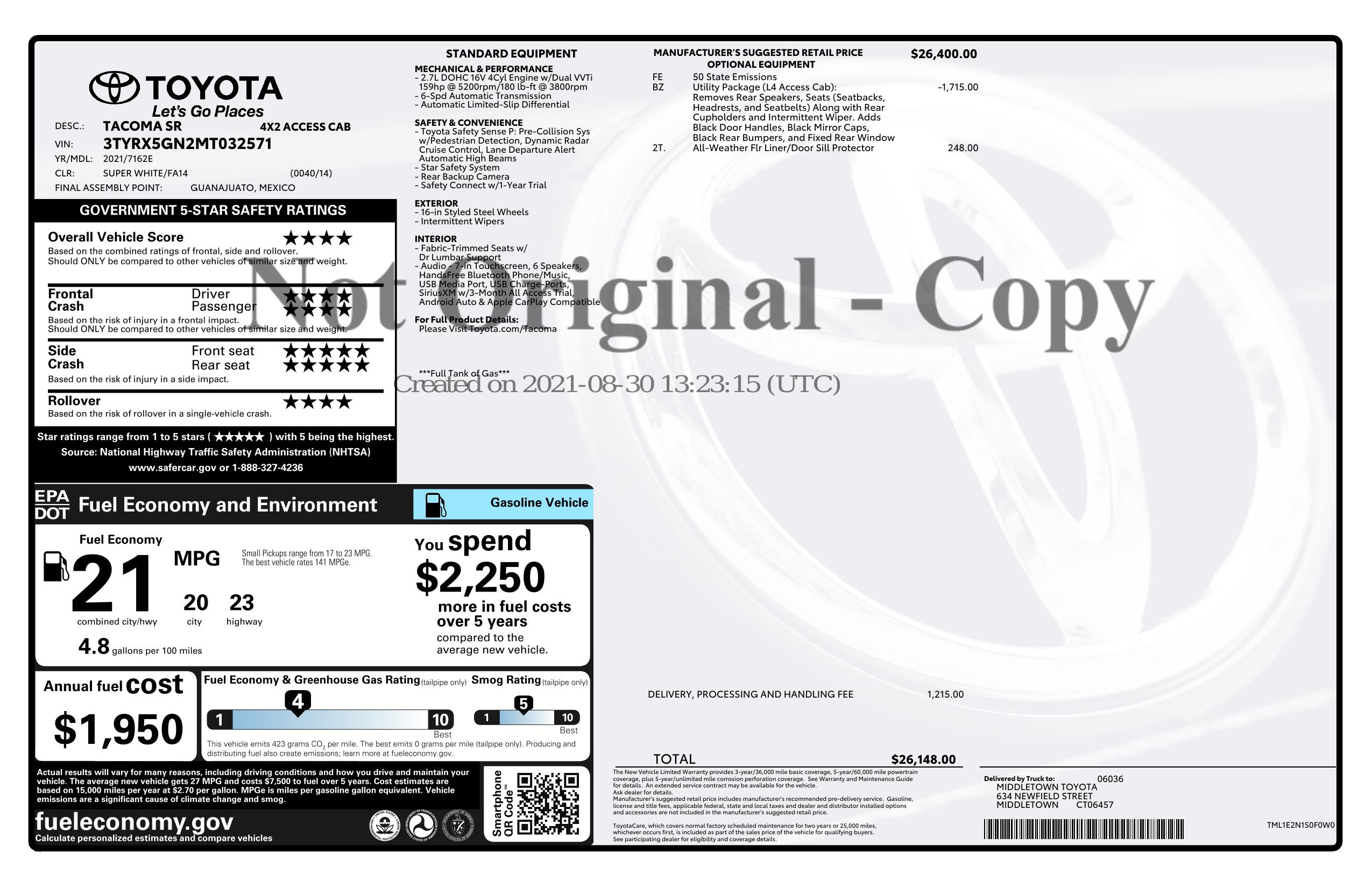 Original window sticker for 2021 TOYOTA TACOMA 2WD SR