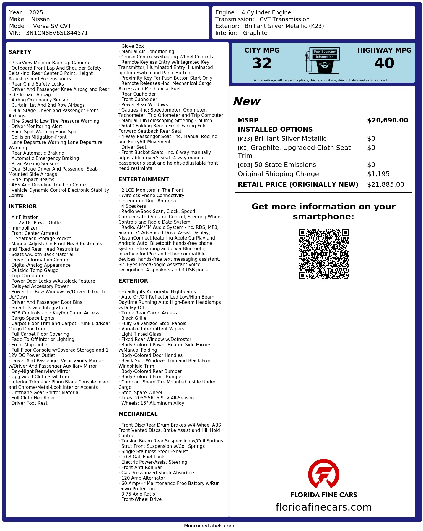 Original window sticker for 2025 NISSAN VERSA SV