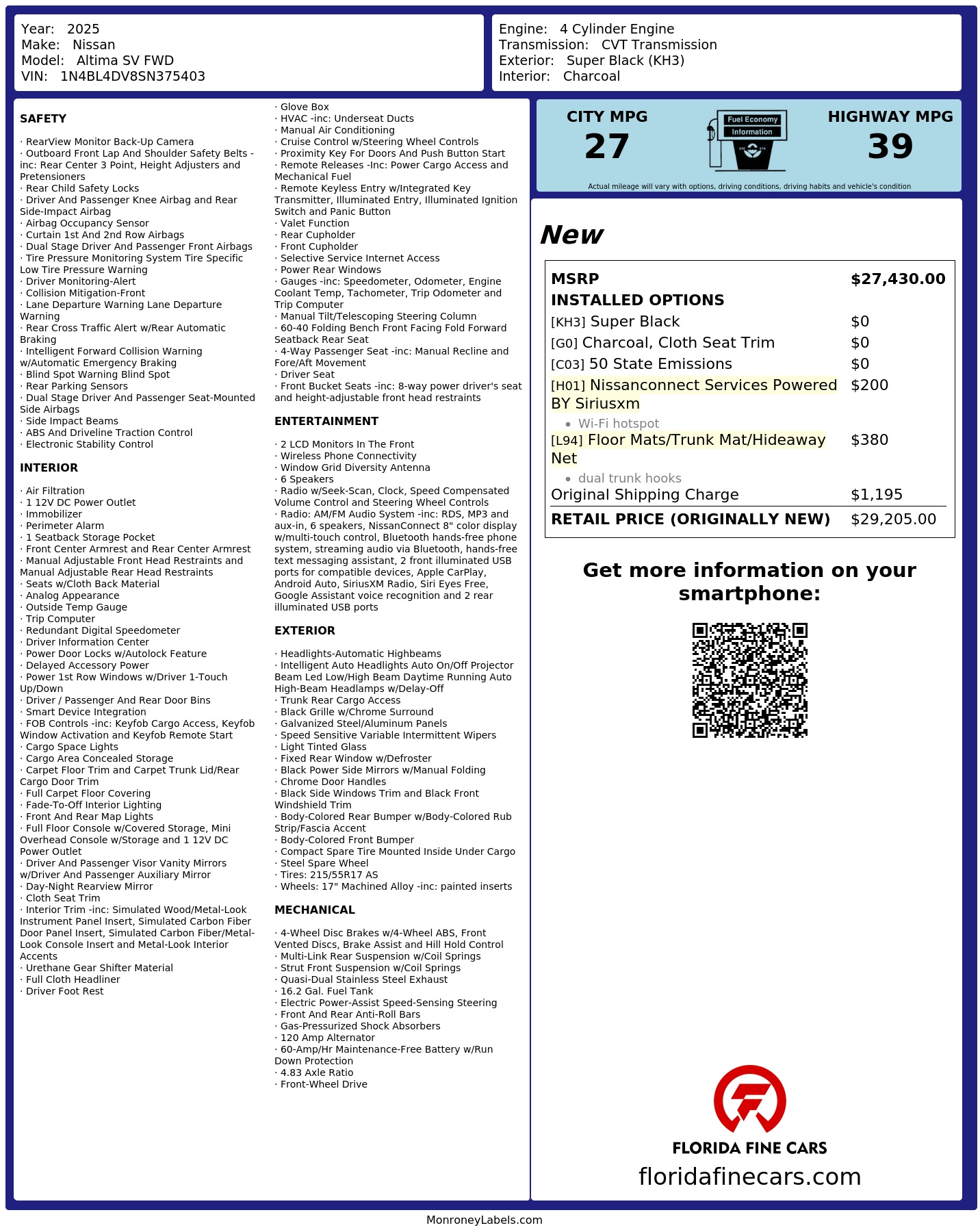 Original window sticker for 2025 NISSAN ALTIMA SV