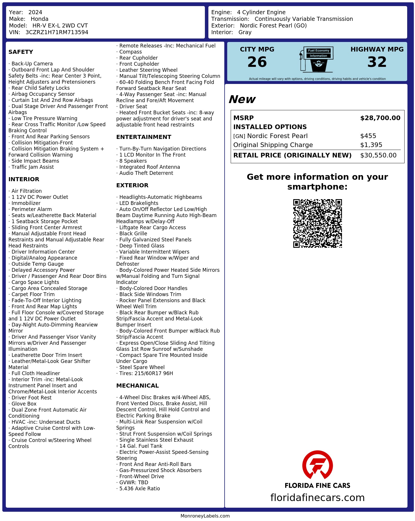 Original window sticker for 2024 HONDA HR-V EX-L