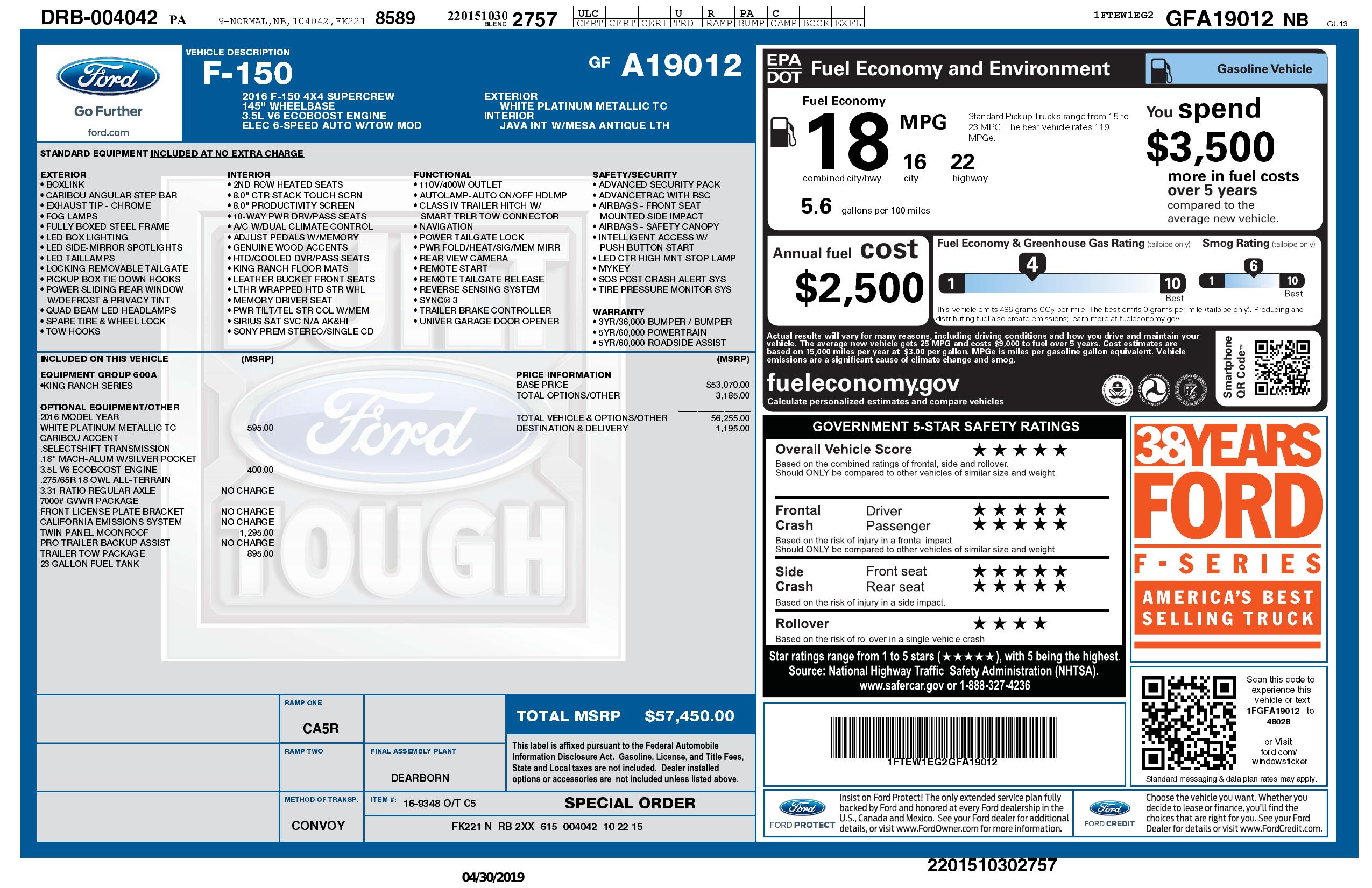 Original window sticker for 2016 FORD F-150 XLT