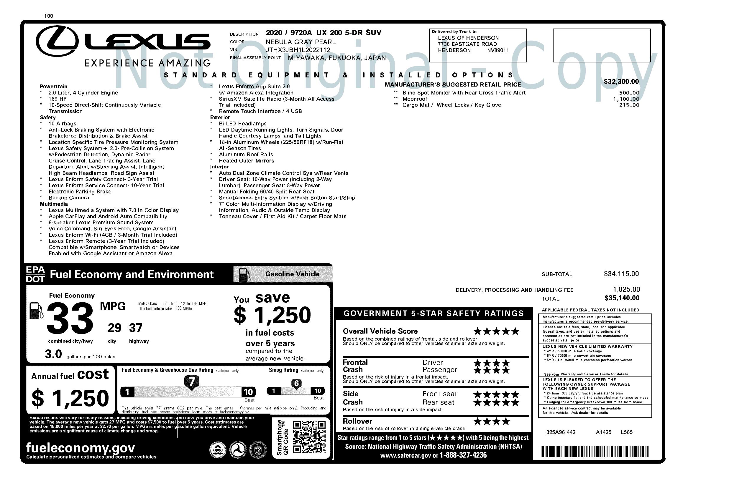Original window sticker for 2020 LEXUS UX UX 200