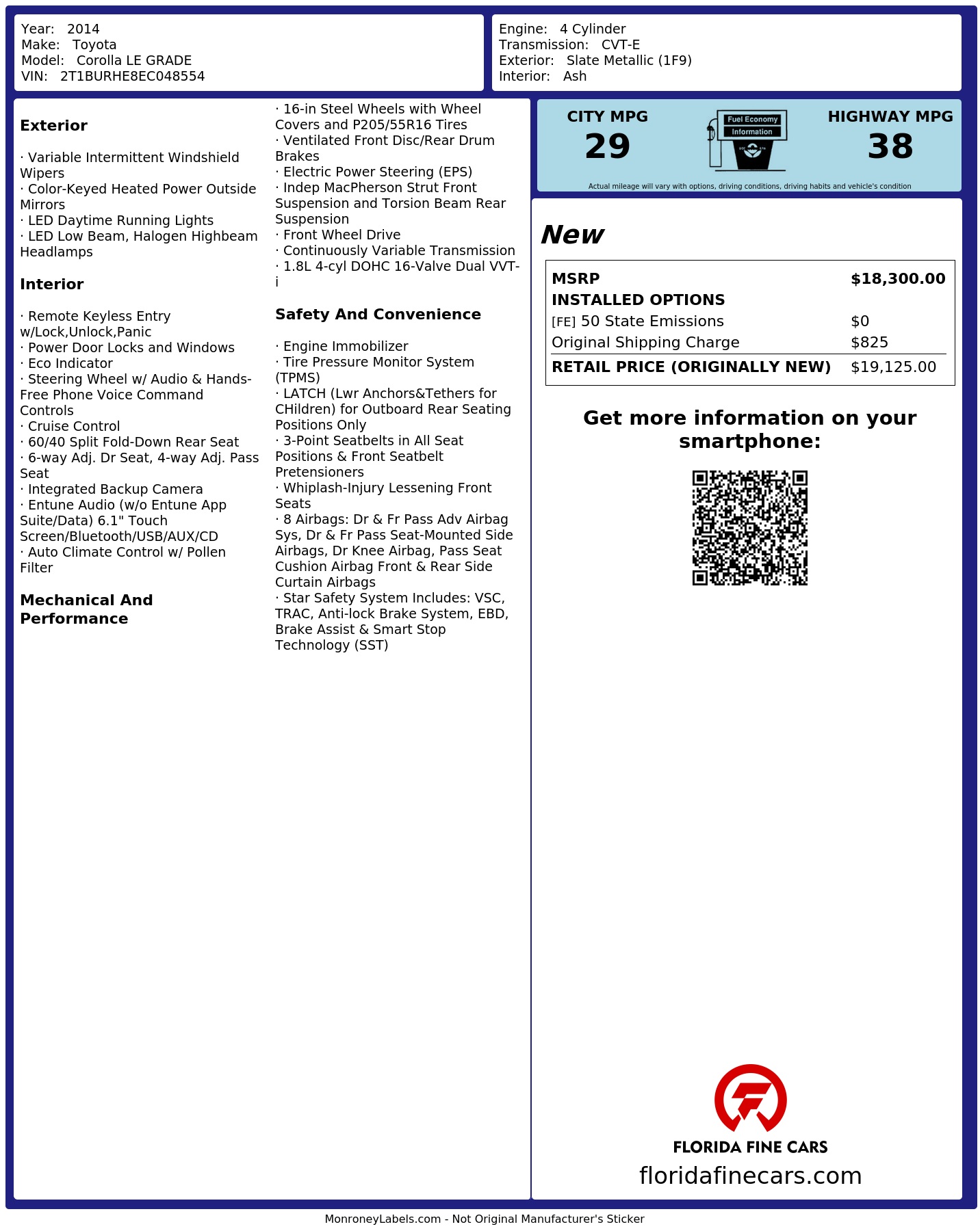 Original window sticker for 2014 TOYOTA COROLLA LE