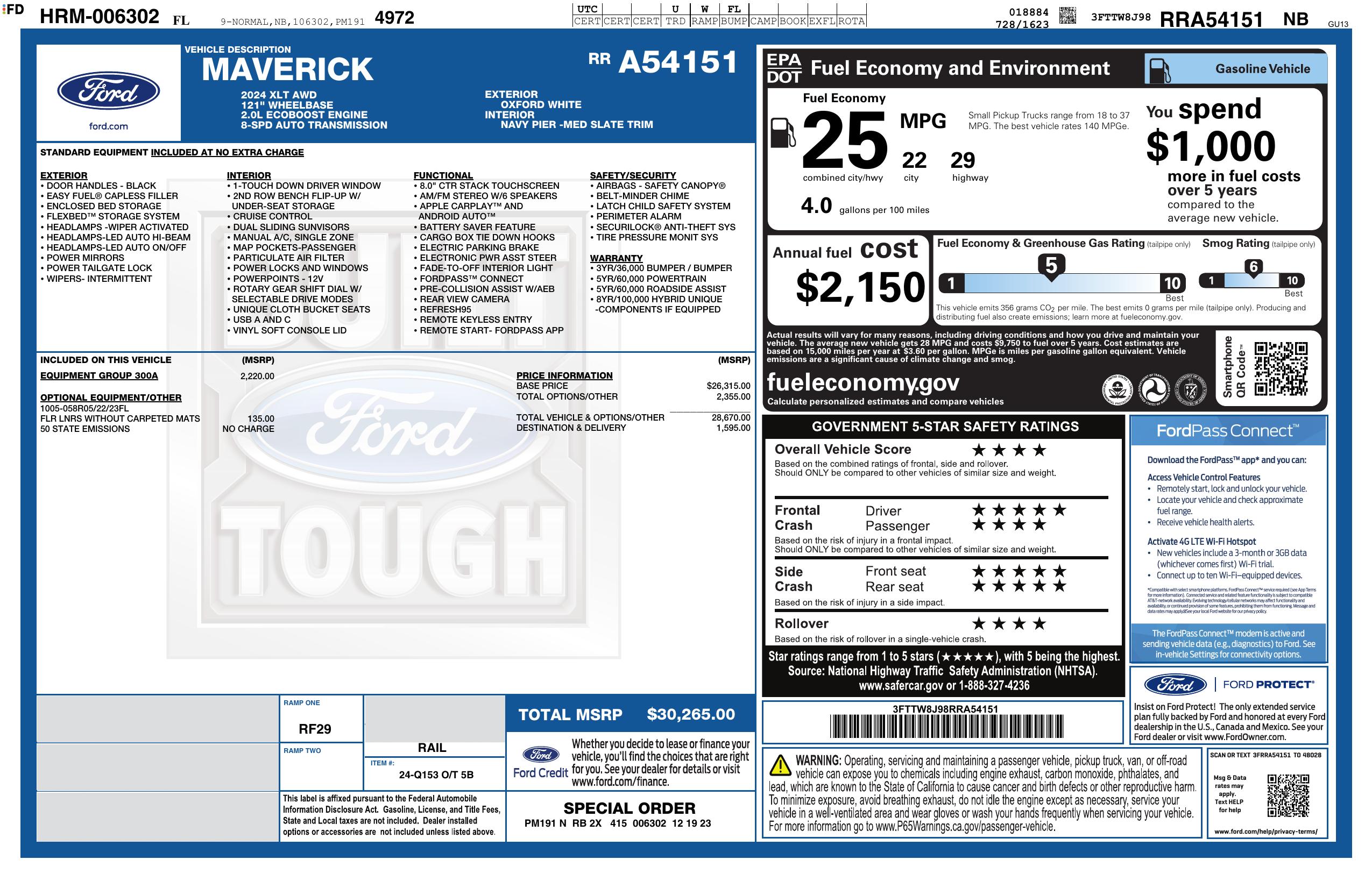 Original window sticker for 2024 FORD MAVERICK XLT