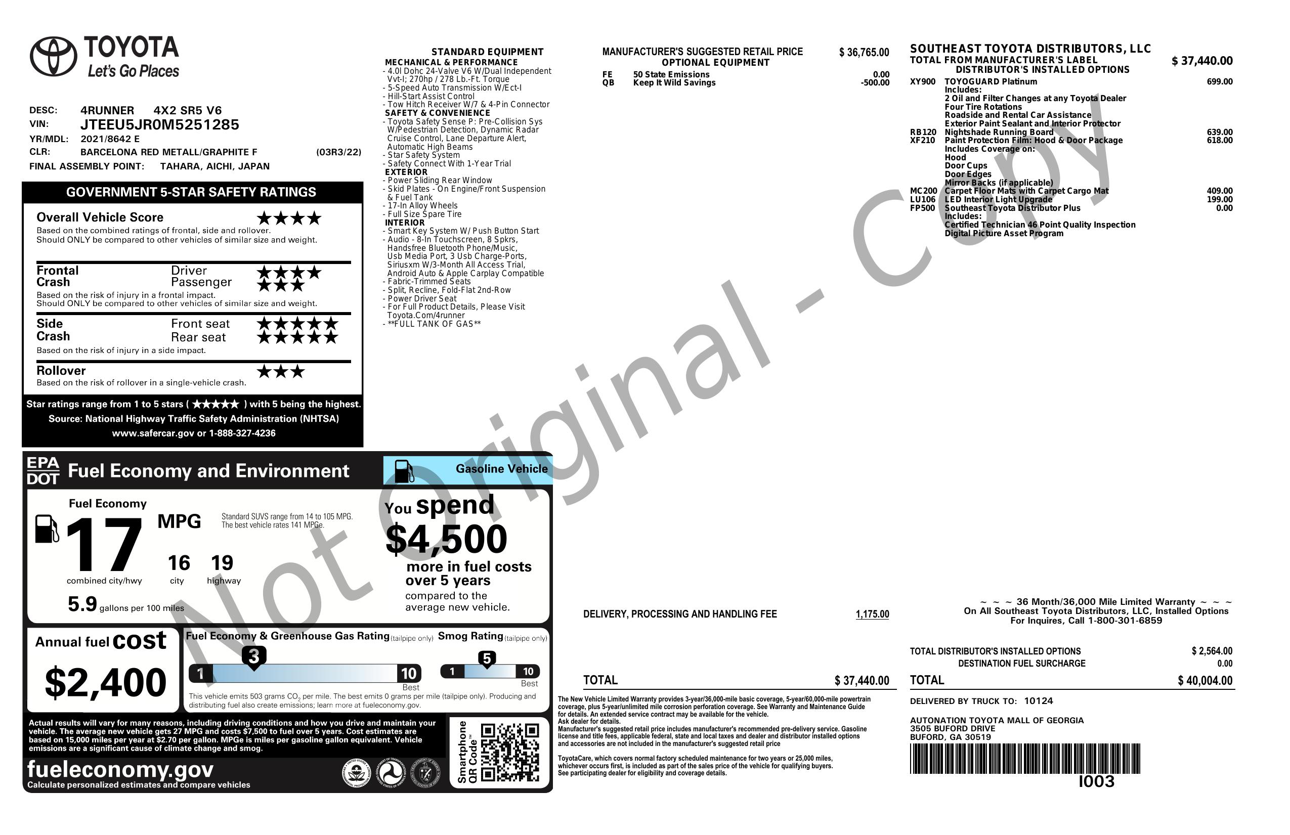 Original window sticker for 2021 TOYOTA 4RUNNER SR5