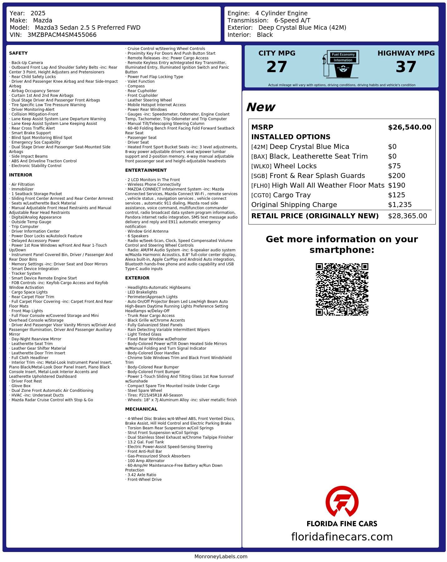 Original window sticker for 2025 MAZDA MAZDA3 2.5 S PREFERRED